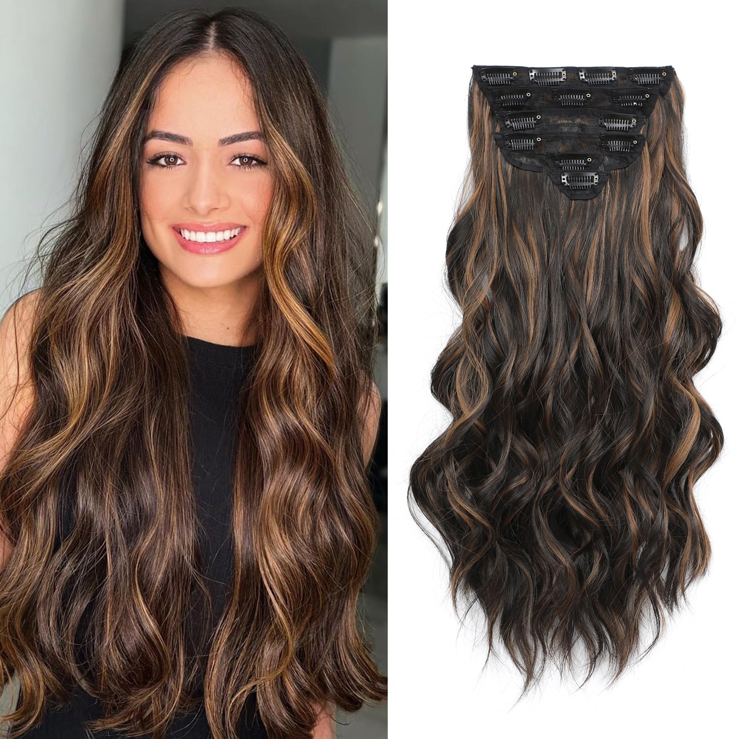 Clip in Hair Extensions for Women Black with Caramel Highlights Long Wavy Hair Extensions Clip Ins 6PCS 20 Inch Synthetic Soft and Natural Thick Hair Pieces for Women