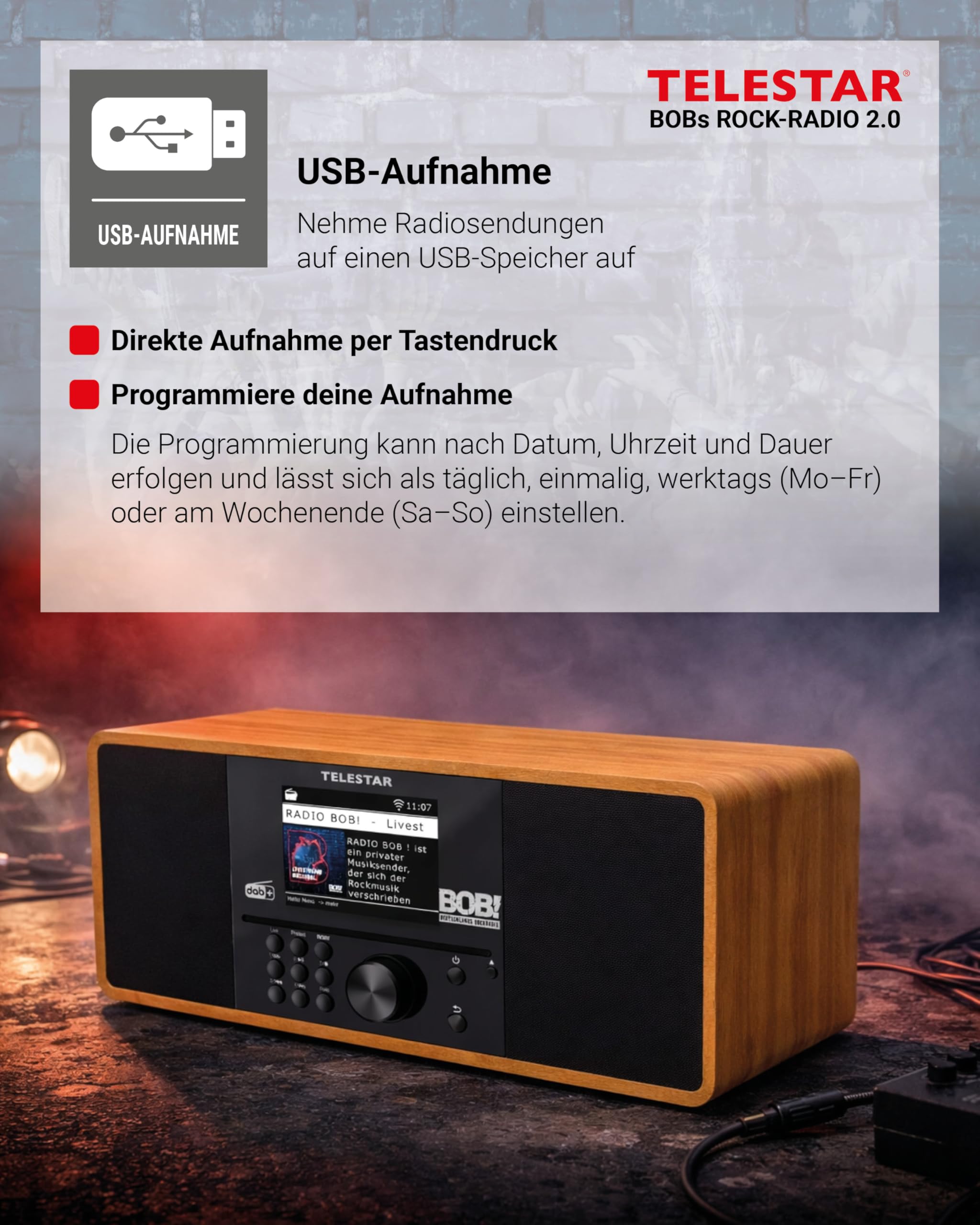 TELESTAR BOBs Rock Radio 2.0 – DAB+/Internetradio mit CD-Player – Holz | RADIO BOB! Sender vorinstalliert, Stereo, 2 × 15 W, Streamingdienste, Bluetooth Audio-Streaming & Sendefunktion, USB