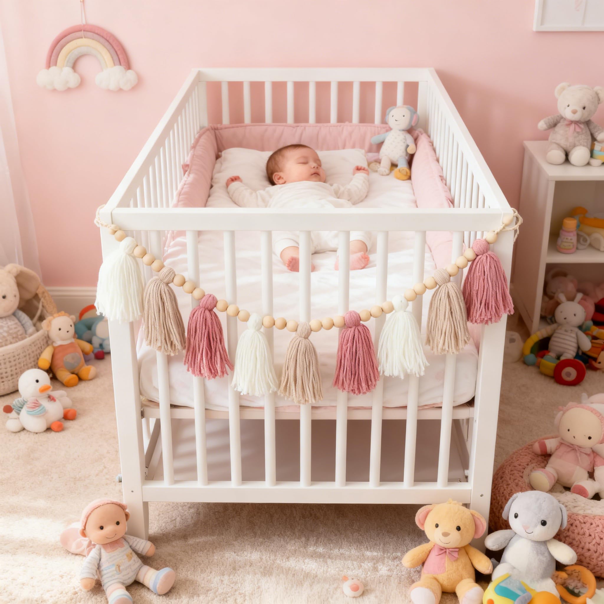 Guirnalda de borlas de lana rosa caqui blanca con cuentas de madera para baby shower