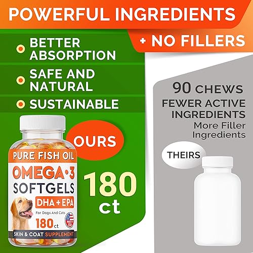 Miniatura 2 de StrellaLab Pastillas de aceite de pescado Omega 3 para perros (180 unidades)  Cápsulas blandas sin olor a pescado  EPA + DHA ácidos grasos reducen