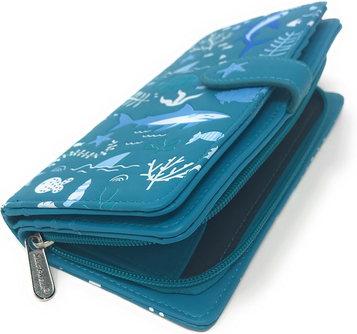 Shag Wear Shark Pattern Large Wallet for Women and Teen Girls Vegan Faux Leather Teal 7" - Image 3
