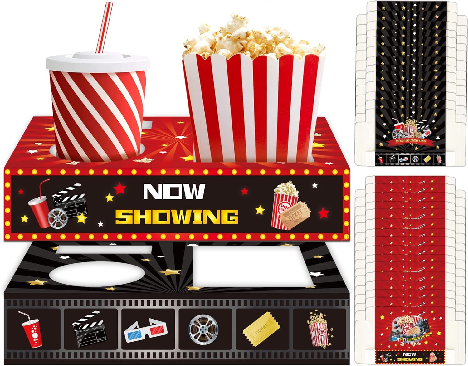 OBUSATT 32Pcs Movie Night Snack Trays Hold Popcorn Candy Food Drink, Movie Theater Popcorn Holder Disposable Movie Boxes Supplies for Kid's Birthday Party Concession Stand Carpet Family Movie Night 32.0