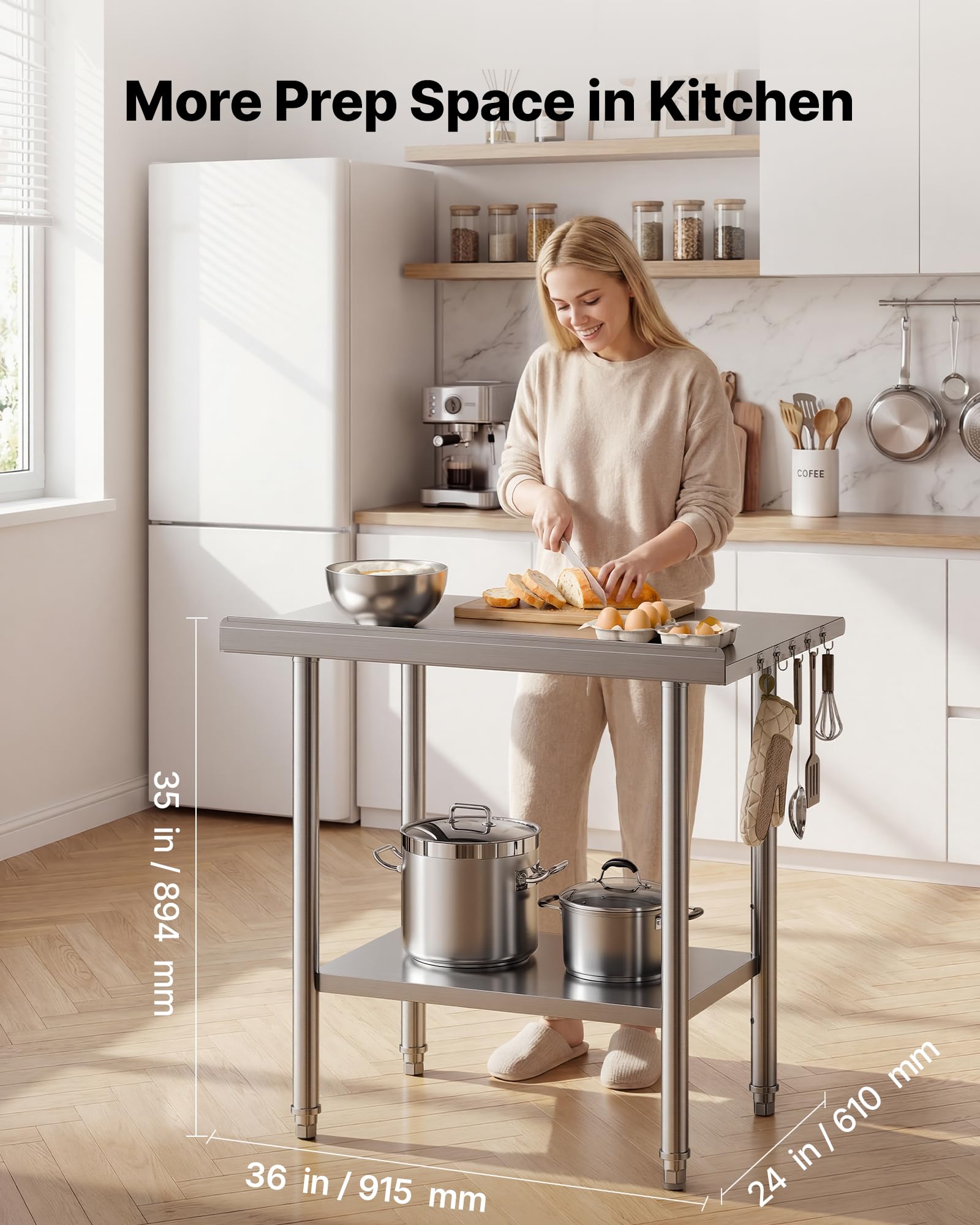 VEVOR Tavolo da Lavoro per Ristorazione in Acciaio Inox Senza Ruote, Tavolo per Preparazione da Cucina 915 x 610 x 894 mm Alzatina, Banco Cucina Ripiano Sotto Portaoggetti 227 kg, Ristorante, Hotel