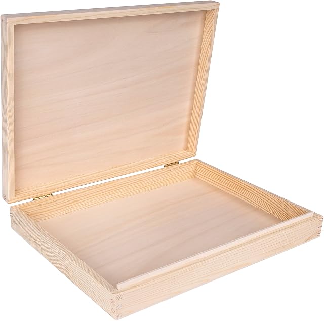 Creative Deco A4 Wooden Storage Box Unpainted Plain Flat | 34 x 25,3 x 5,3 (+/- 1) cm | with Hinged Lid | Perfect for Storing Files Documents & Valuables in the Office or Bedroom | Jewellery Box