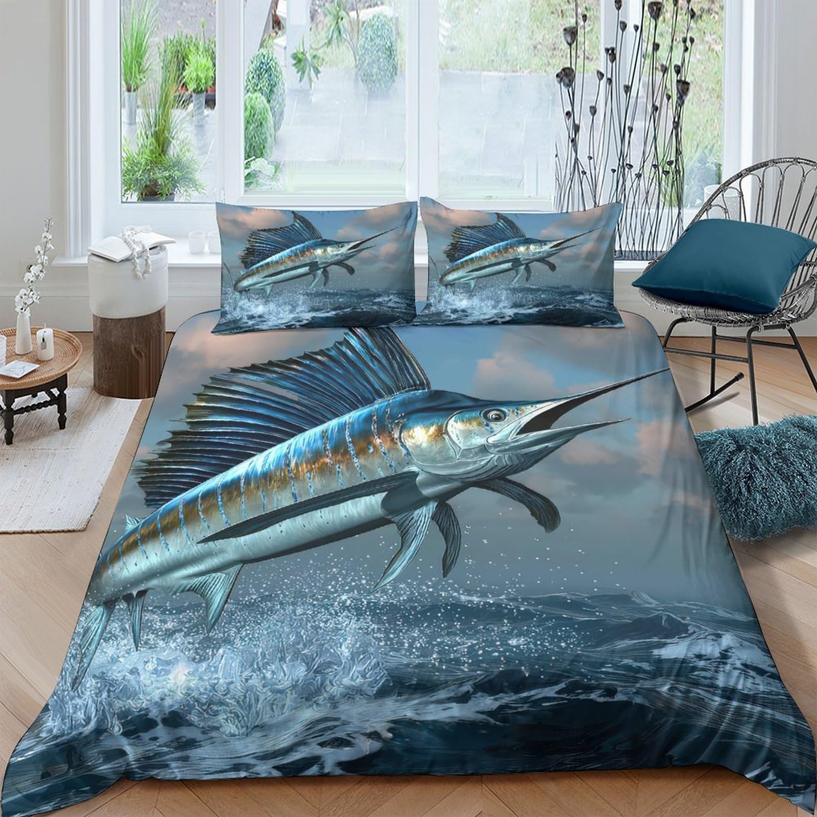 Ctjqhvkz Style-9 3D Printed Marlin Ocean Fitted Sheet Microfiber Soft Blue Sea Mattress Cover Bedroom Decor Washable Single（135X200cm）
