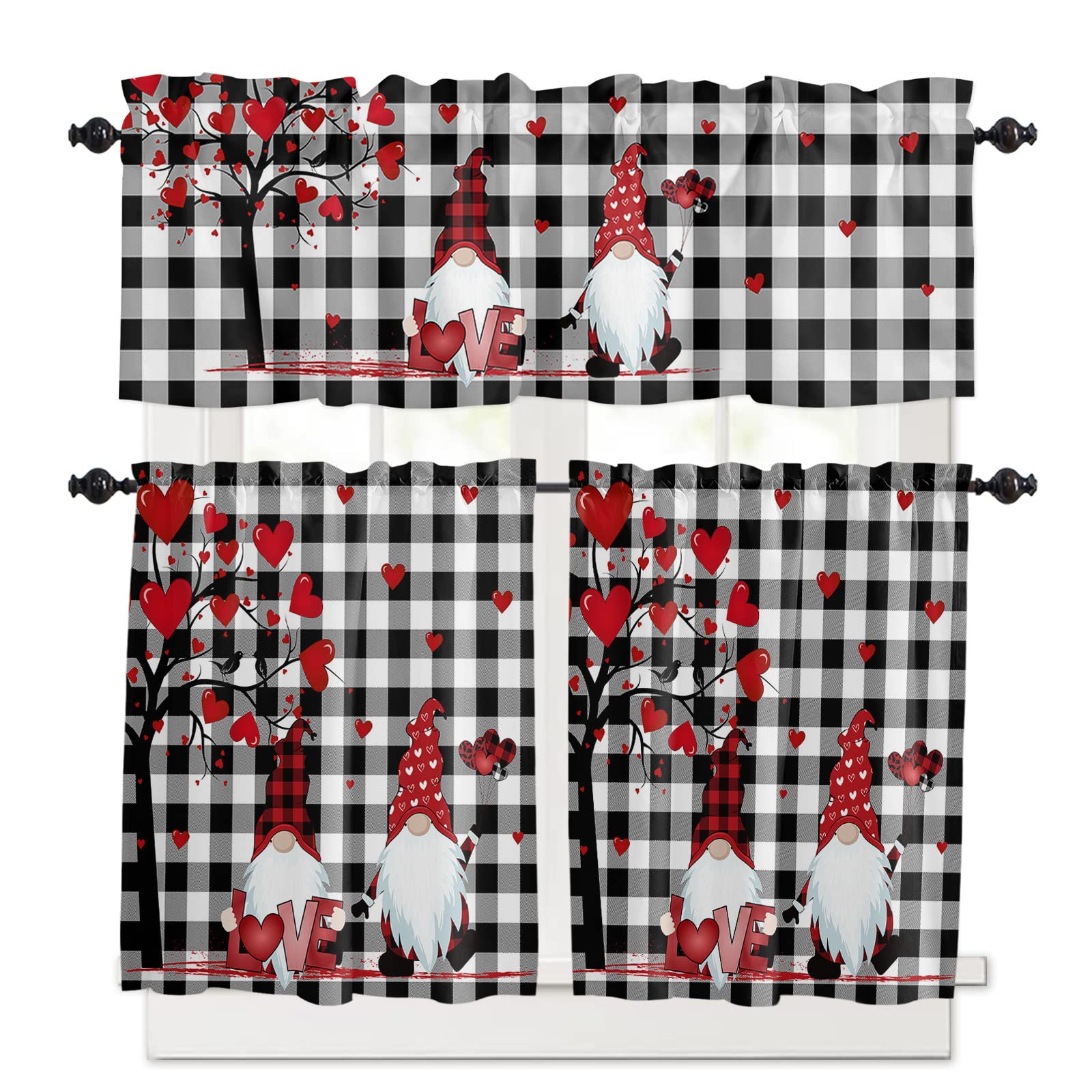 Gnome Valentines Day Curtain Valance Love Heart Tree Rod Pocket Kitchen Tier Curtains Valance Set 3 Piece Black White Buffalo Check Plaid Valentiens