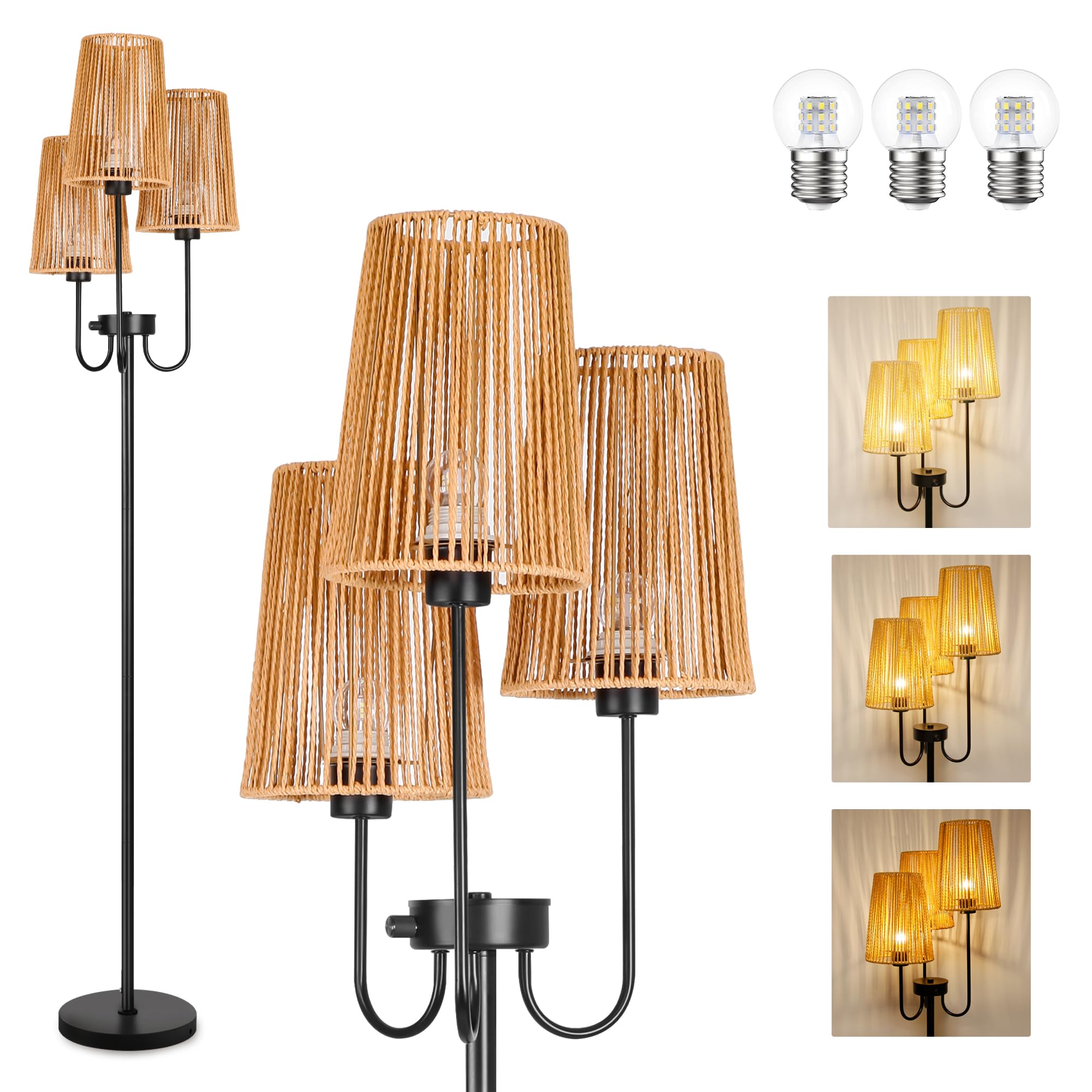 MKPAEI Dimmable Farmhouse Floor Lamps for Living Room,Boho Floor Lamp with 3 Elegant Rattan Cage ...