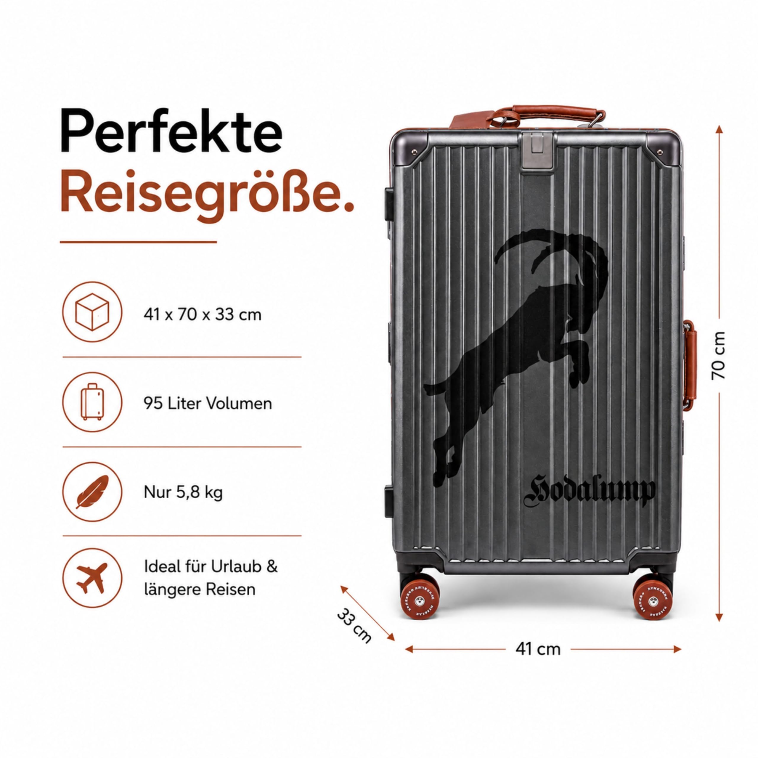 hodalump - Reisekoffer 95L, Hartschalen-Trolley mit Rollen, Zahlenschloss, Getränkehalter & Taschenhalter, Leichter Rollkoffer, großer Reise Trolley für Urlaub & Business