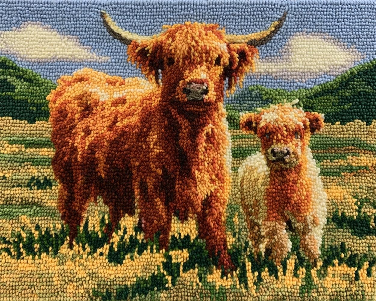 FWRTYCB Latch Hook Rug Kits,Highland Cattle in a Meadow