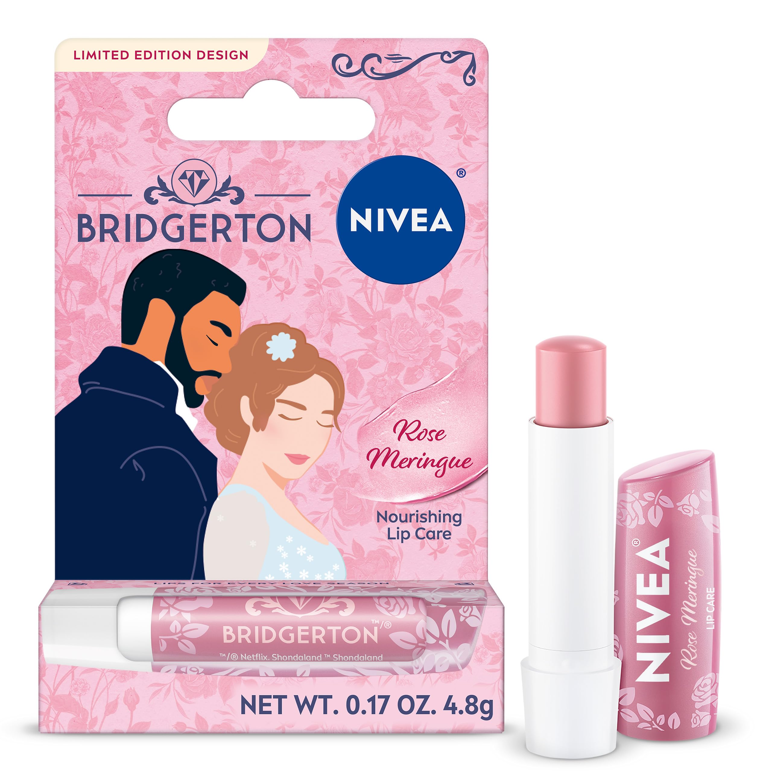 NIVEA Rose Meringue Lip Balm, Nourishing Lip Care, Bridgerton Limited Edition Moisturizing Lip Balm with Shea Butter, 3-in-1 Moisture, Repair and Nourish, 0.17 Oz Stick