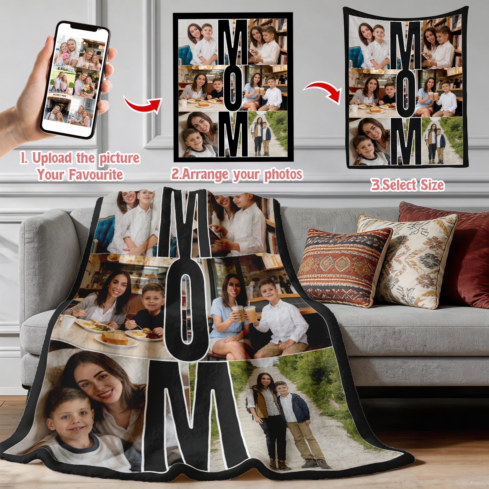 Custom Mom Blanket Throws with Picture, Personalized Blankets Photo Gifts for Mama, Grandma, Wife, Mother's Day, Birthday Gift - 2