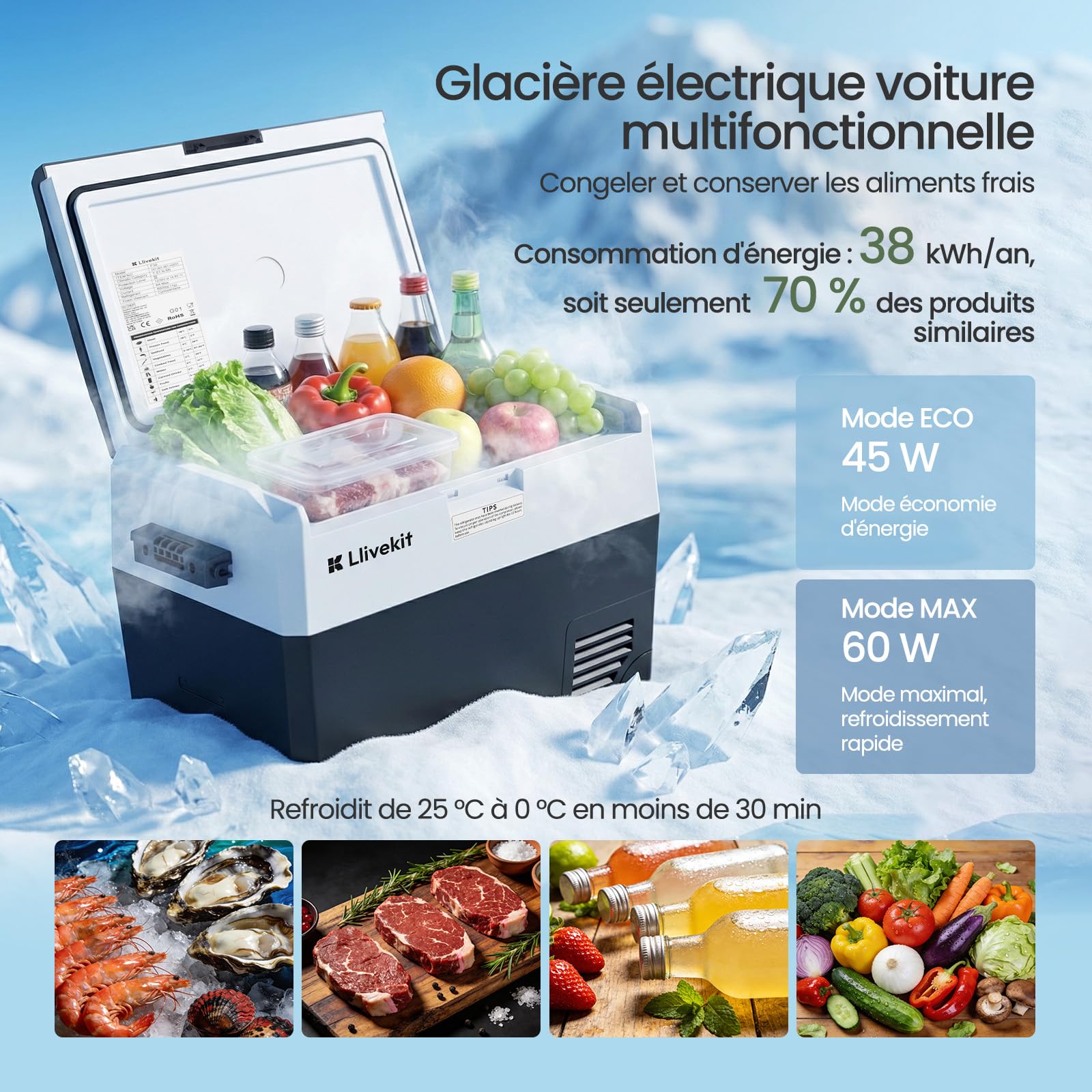 LLIVEKIT 40L Galcière Électrique à Compression, Frigo Voiture | 12/24/100-240V, pour Automobile, Camion, Camping, Bateau, Maison, avec Éclairage, Câble AC et DC, Noir