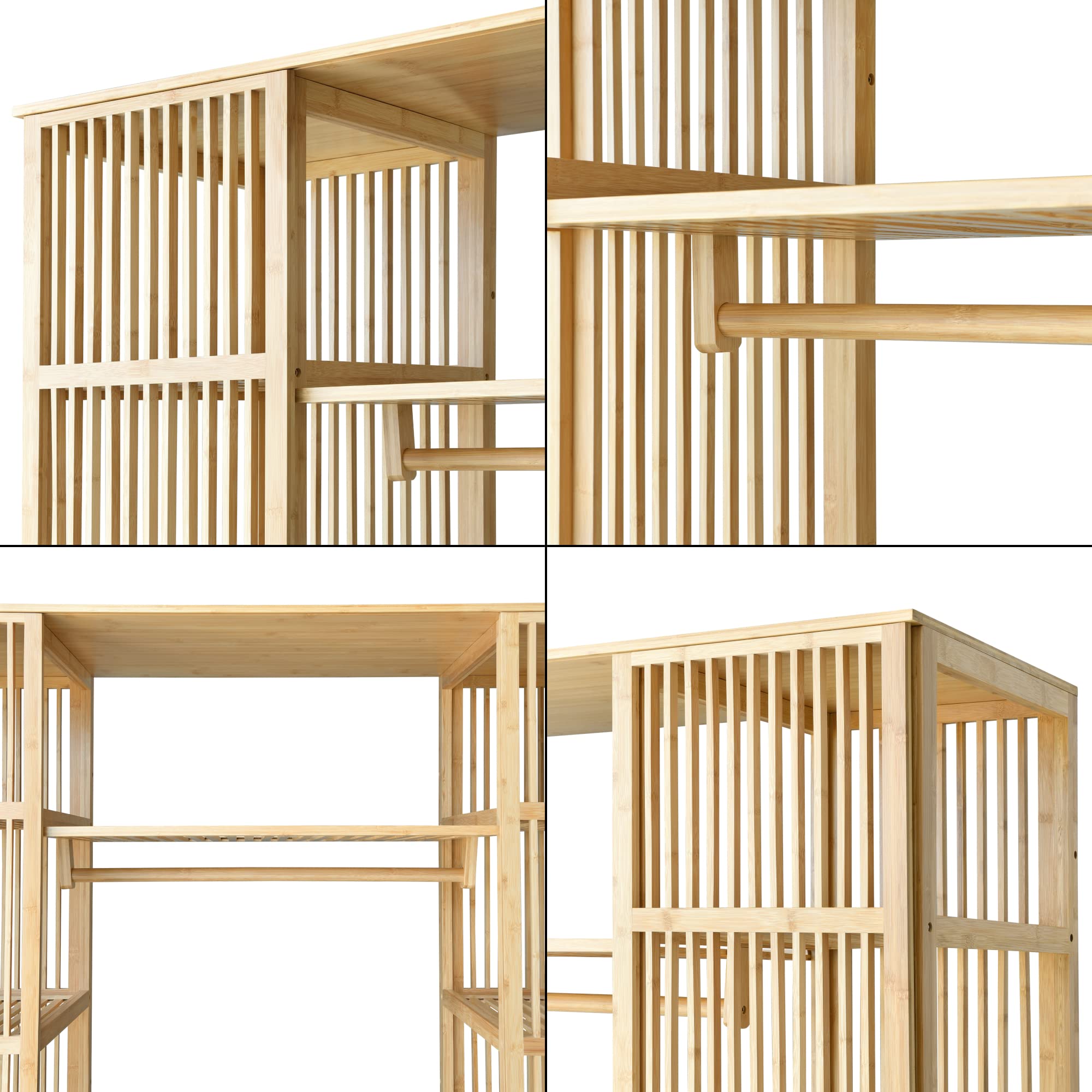[en.casa] Garde-Robe Solide à 2 Portes Coulissantes Portant avec Étagère Meuble de Rangement 12 Surfaces de Stockage Tringle Bambou 185 x 140 x 45 cm Naturel