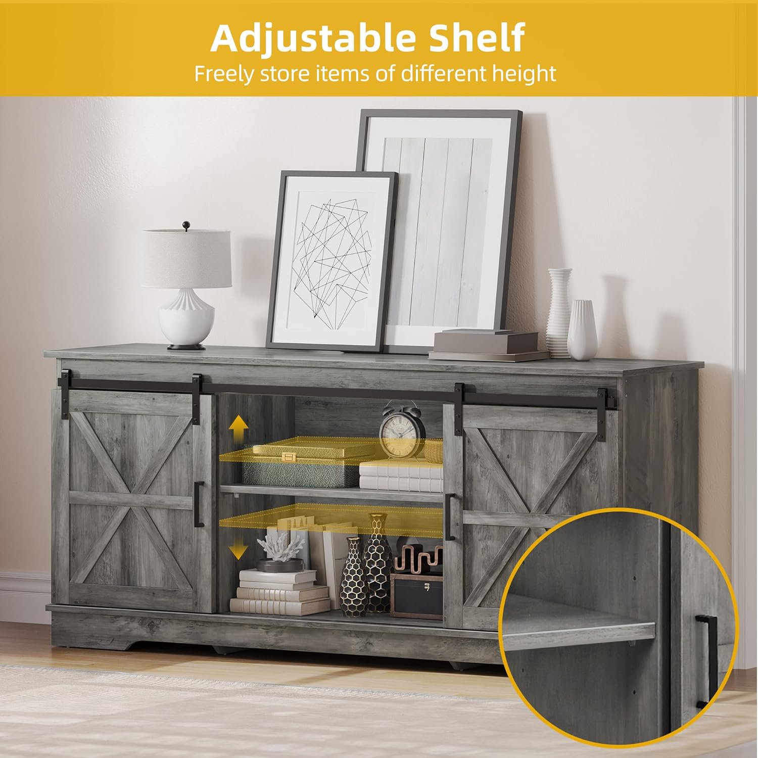 DWVO Farmhouse TV Stand for 55/60/65 Inch TVs, Entertainment Center with Storage Compartments & Sliding Doors, Media Console for Living Room and Gaming Area, Grey