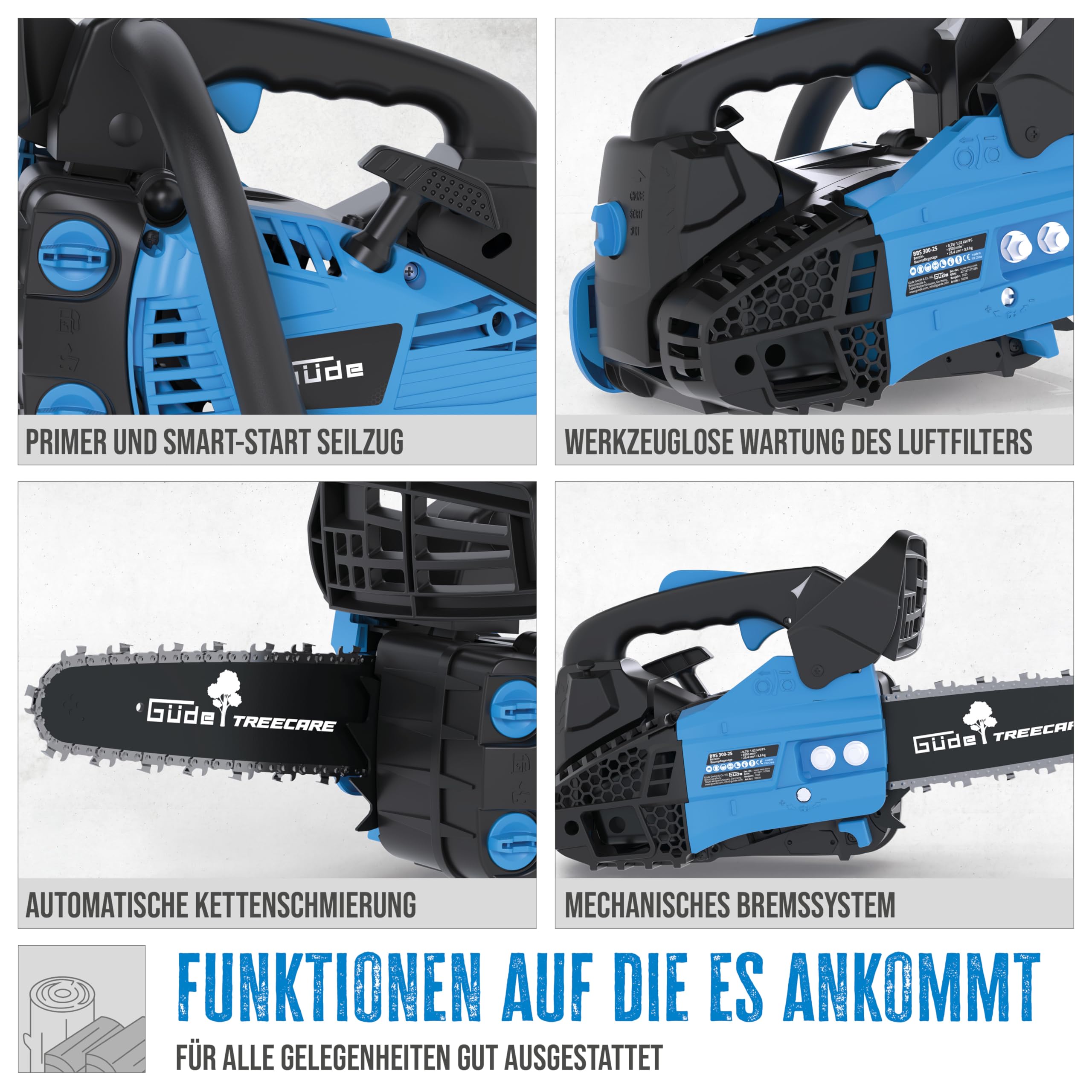 Güde BBS 300-25 Benzin-Baumpflegesäge – 25,4 cm³ Hubraum, 30,5 cm Schnittlänge, 0,75 kW Leistung, 23 m/s Kettengeschwindigkeit, mit Primer, Choke und Schnittgarnitur, für Garten und Baumpflege