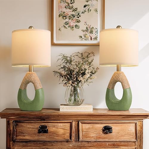 Miniatura 9 de OYEARS Lámparas de Mesa Boho de 22" para Dormitorio Sala de Estar Conjunto Mejorado de 2 Lámparas de Mesa de Ratán Medianas Estilo Casa de Campo,