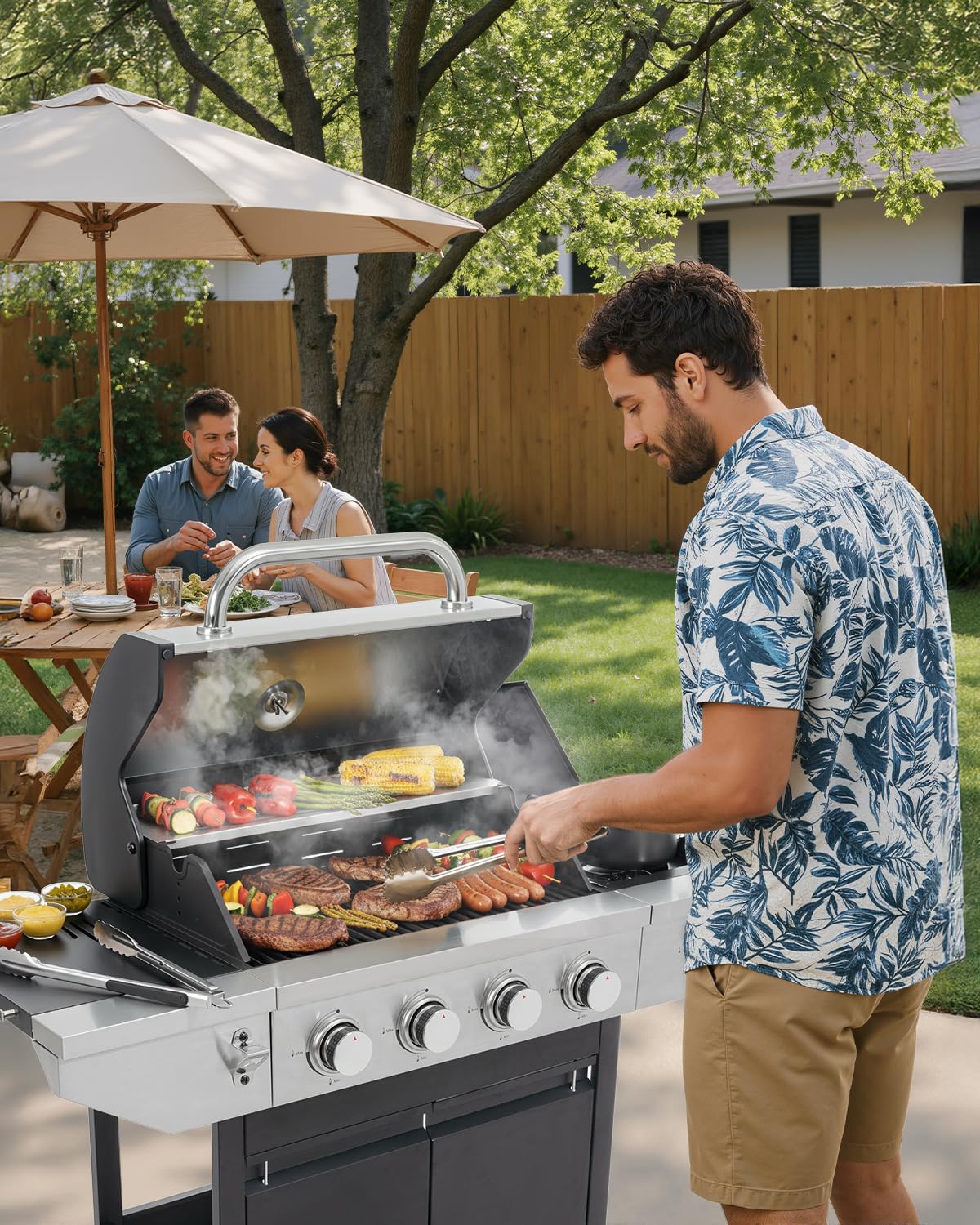 EUHOME 4-Burner Propane Gas BBQ Grill with Side Burner, 46,500 BTU Output Stainless Steel Barbecue Grill with Enameled Cast Iron Grates and Side Tables for Outdoor Cooking Kitchen and Patio Backyard - 3