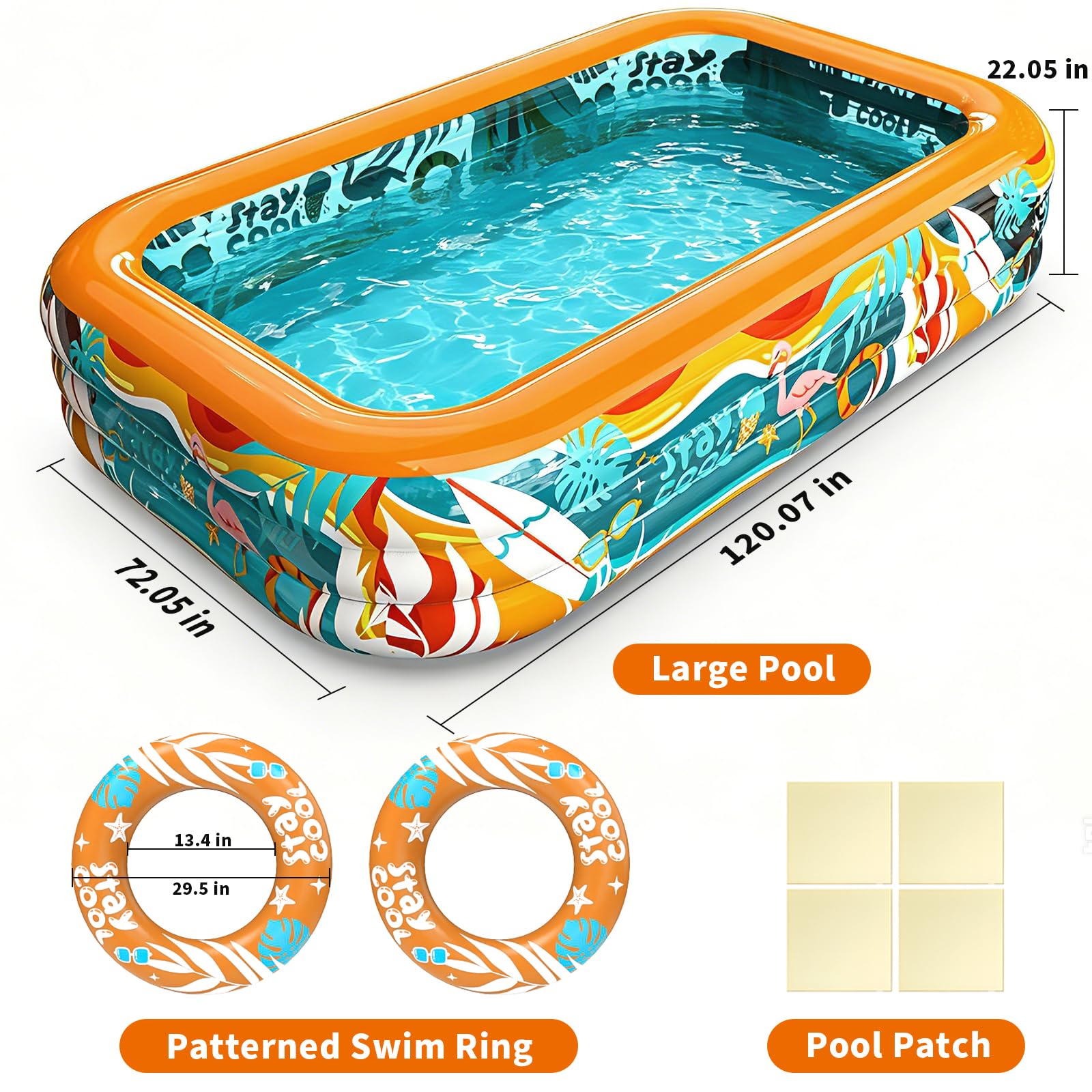Skirfy Aufblasbarer Pool, 305 x 183 x 56 cm XXL Gartenpool, Verdickter Kinderpool für Erwachsene & Kinder, 2 Schwimmringe,Sommer Outdoor Pool für Garten