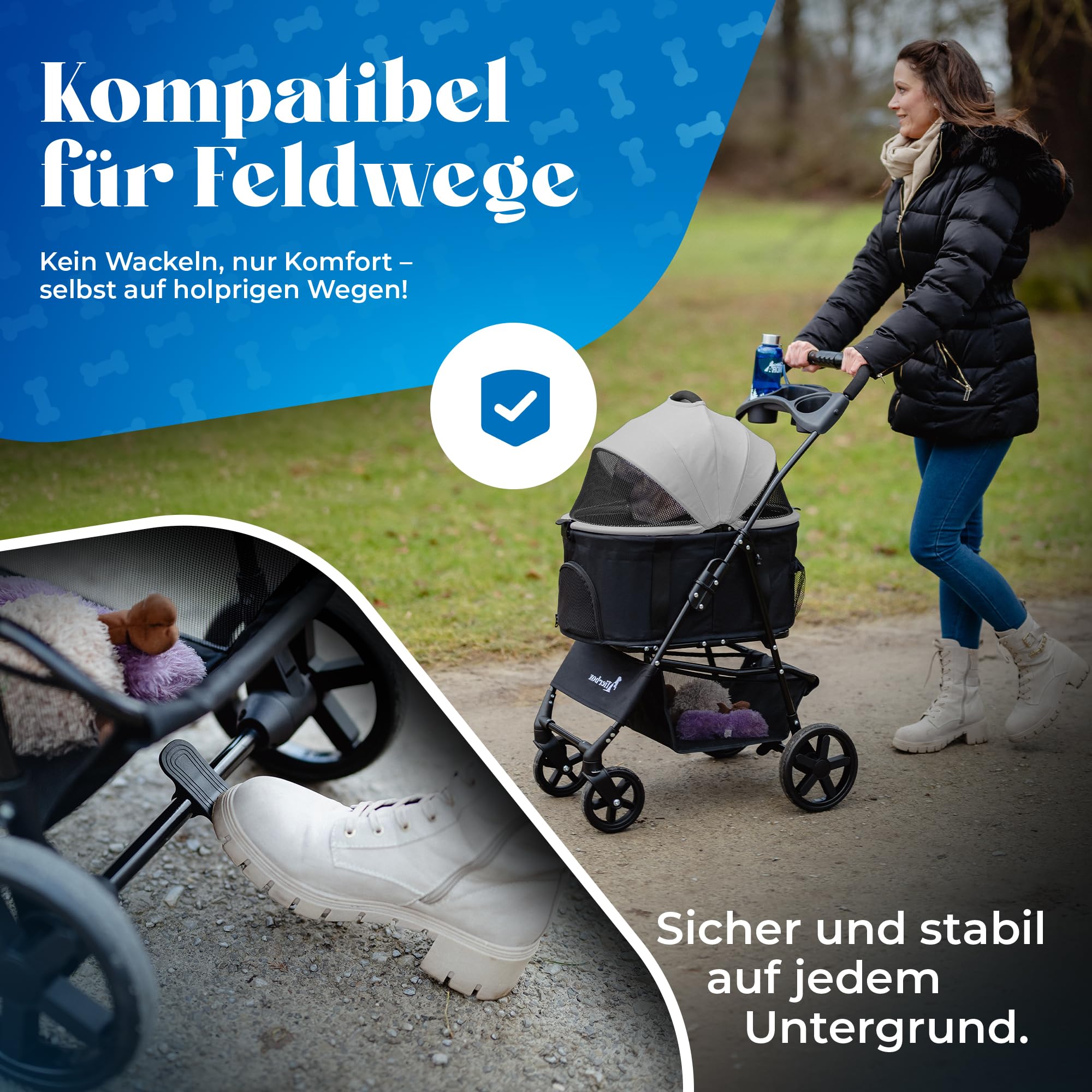 Hundebuggy bis 10kg Hundewagen für kleine Hunde klappbar mit QuickFold, Katzenwagen in Grau