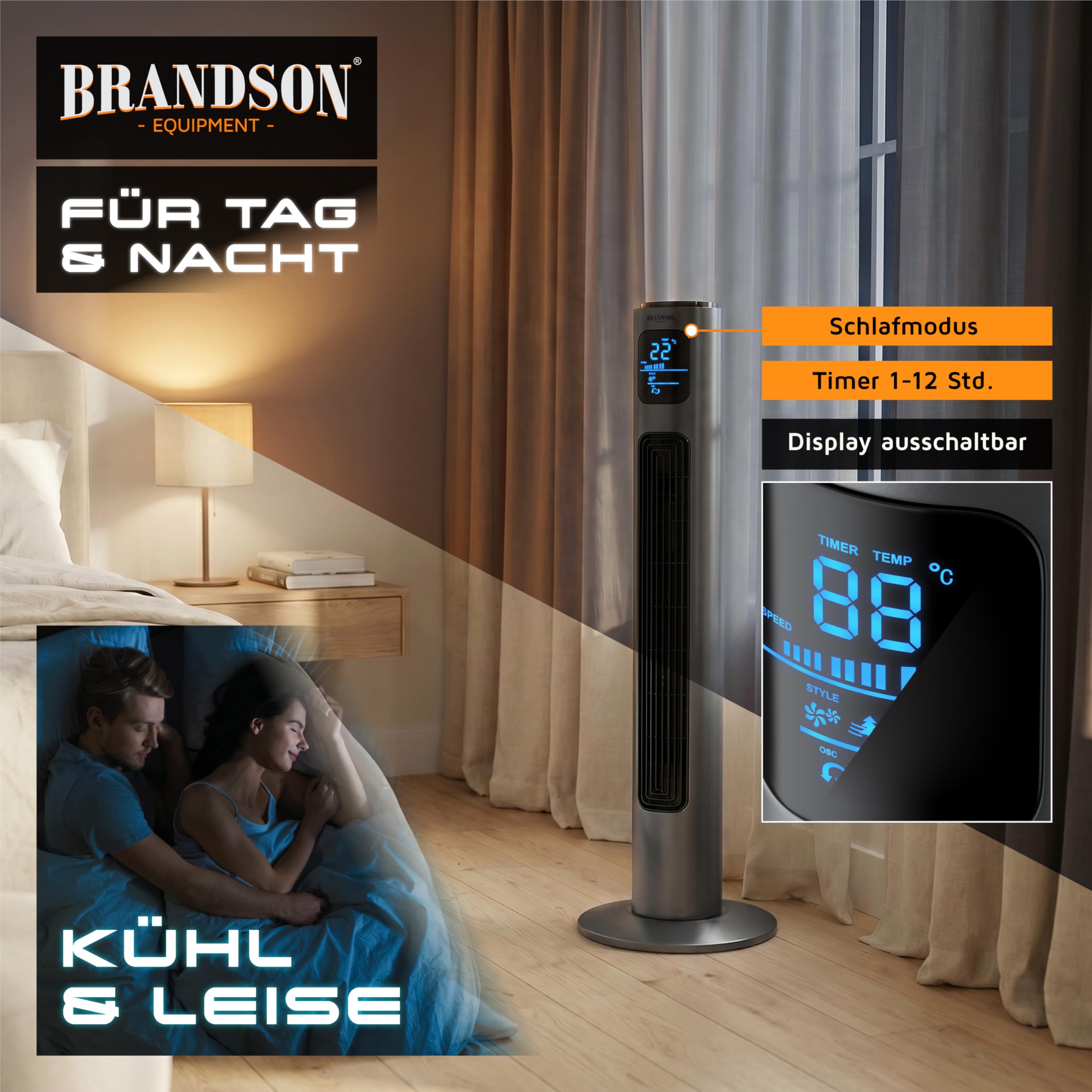 Brandson Standventilator 96 cm mit Fernbedienung leise Oszilation 3 Geschwindigkeiten Timer GS Cool Grey