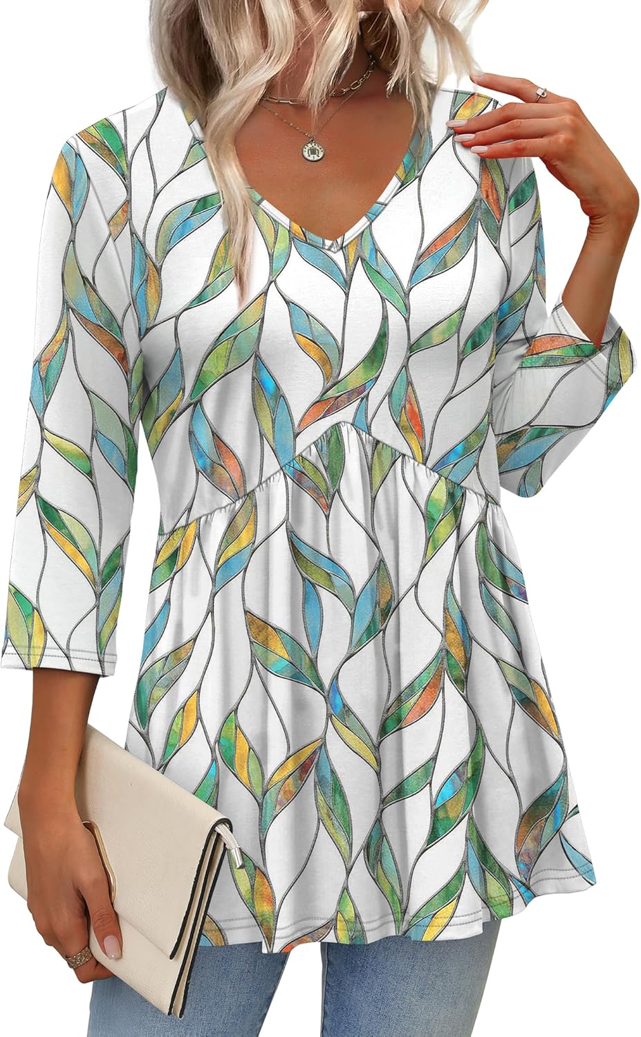 3/4 Length Sleeve Womens Tops 2025 Blouses for Women Dressy Casual Fashion Clothing V Neck Babydoll Tops Fall Outfits - Image 2