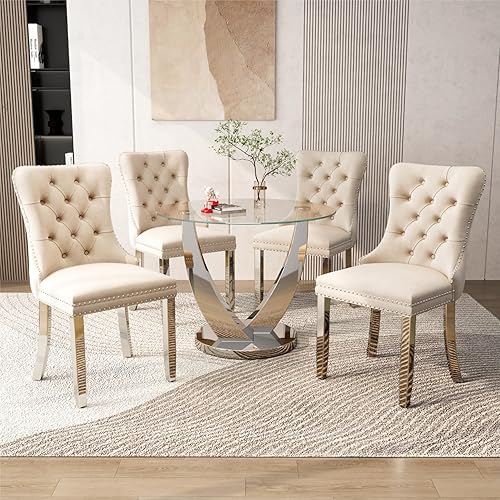 Miniatura 37 de Juego de mesa de comedor redonda de vidrio de 38.9 pulgadas para 4, mesa de comedor redonda con 4 sillas de cocina tapizadas de terciopelo, juego