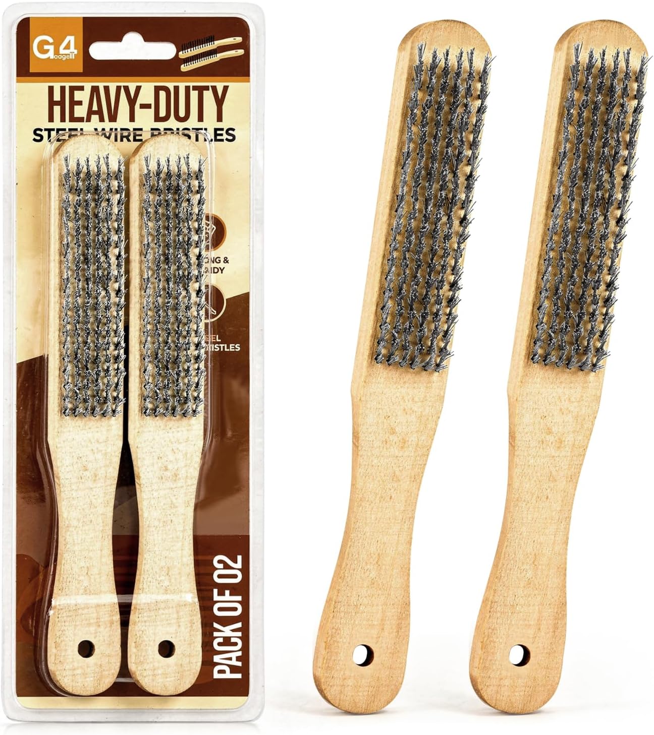 G4GADGET Wooden Wire Brush Set of 2 – 4 Row Steel Bristles for Rust Removal, Paint Cleaning, and Surface Pre-Treatment – Ideal for Metal, Wood, Stone & More
