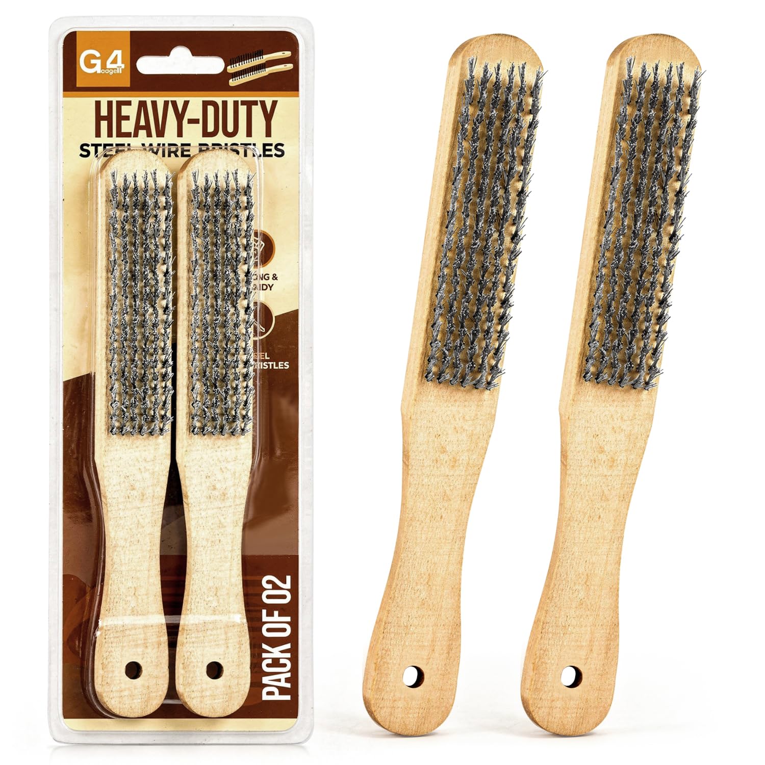 G4GADGET Wooden Wire Brush Set of 2 – 4 Row Steel Bristles for Rust Removal, Paint Cleaning, and Surface Pre-Treatment – Ideal for Metal, Wood, Stone & More