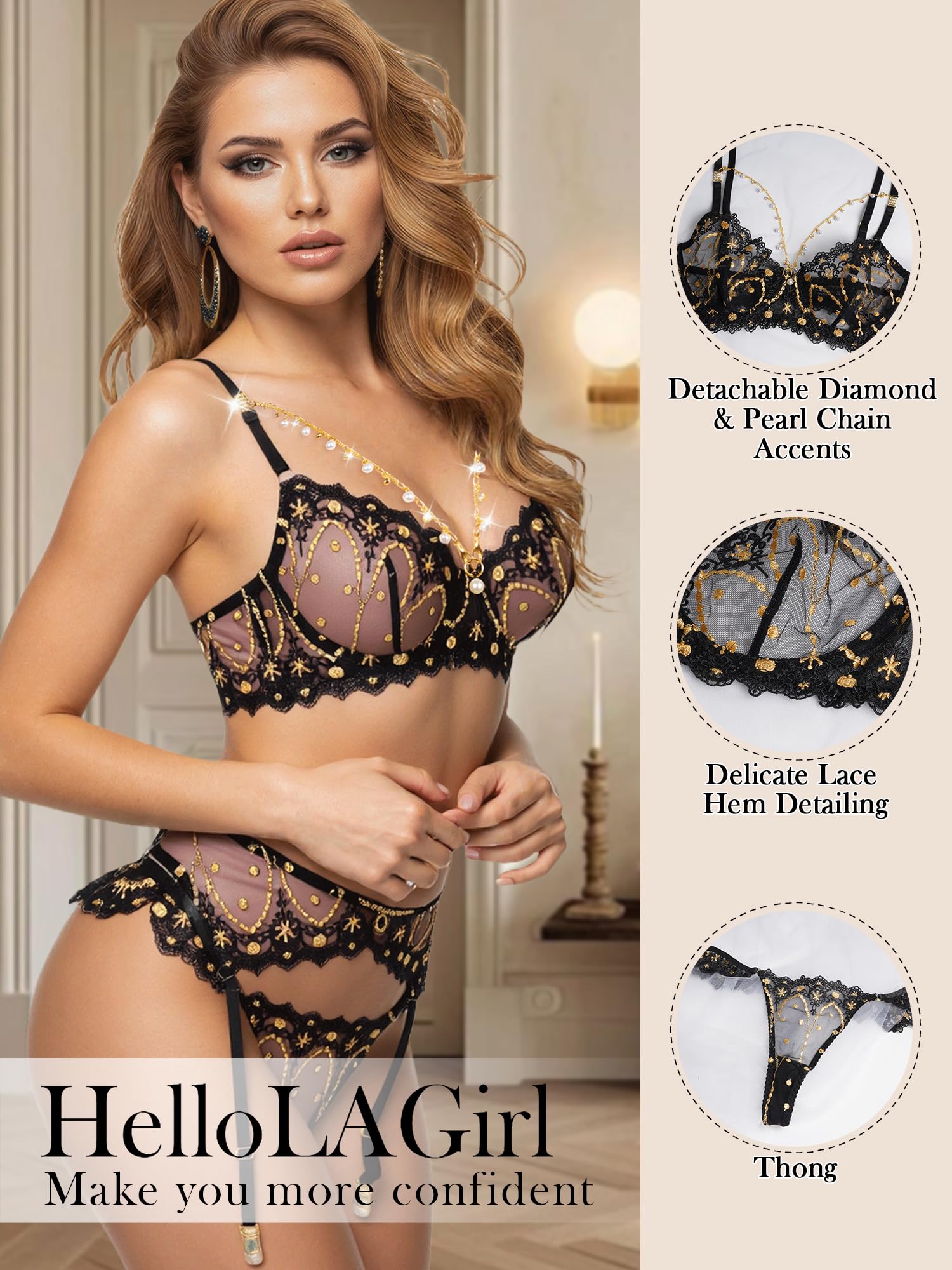 HELLOLAGIRL Sexy Lingerie Set for Women,Lace Womens Lingeries flower Teddy Lingerie 3 Piece with Garter Belt: X-Large Black