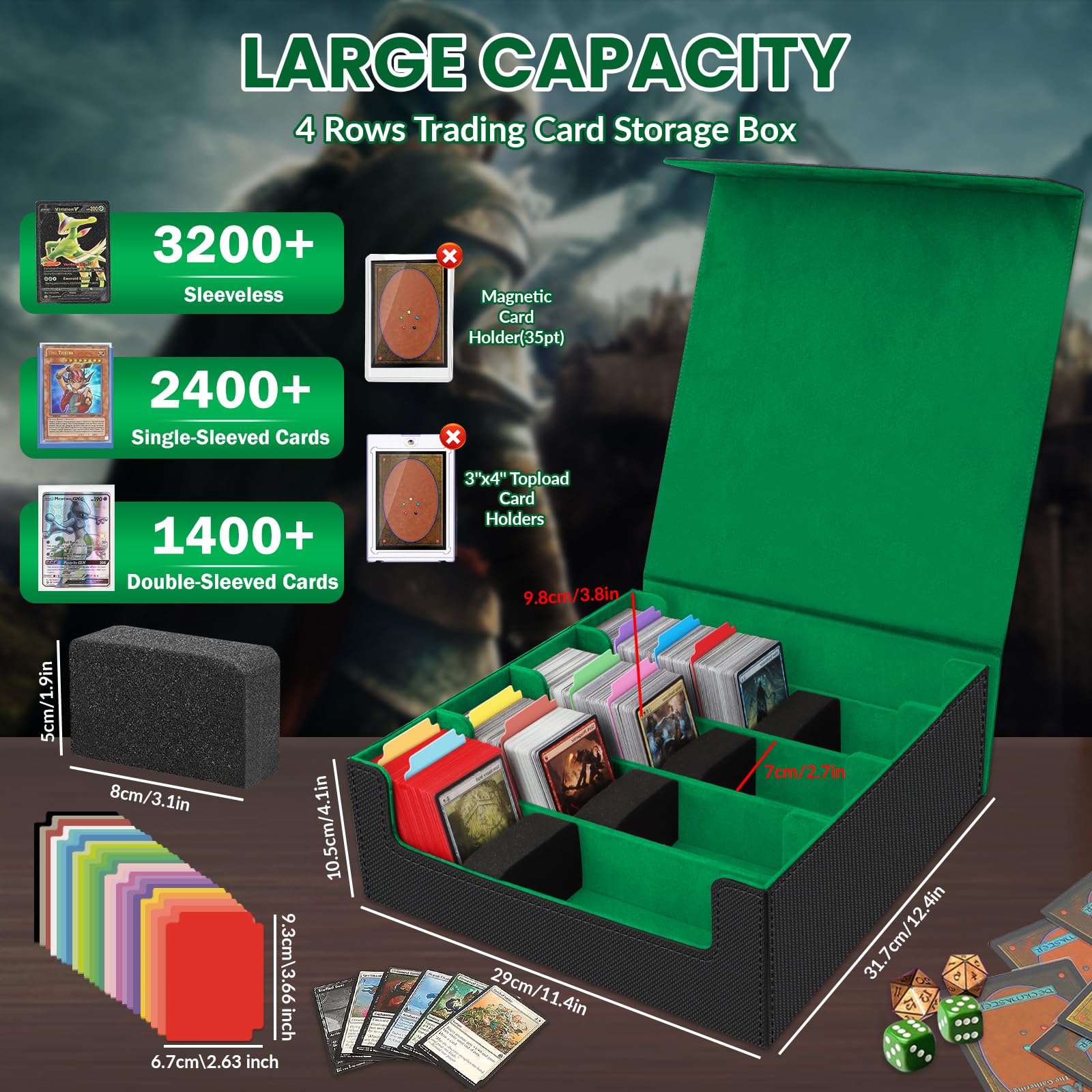 Caja de Tarjetas para Más de 3200 Tarjetas, Cajas de Almacenamiento de Tarjetas Coleccionables con 24 Divisores de Colores y 4 Espuma, Cajas de Cubierta Magnéticas Premium, para TCG Magic(Negro Verde)