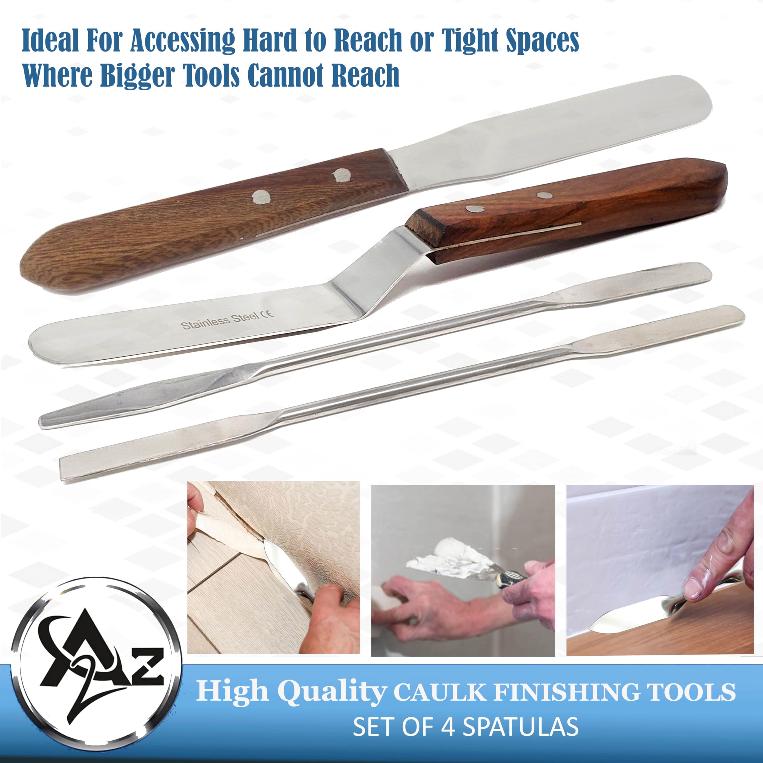 A2Z Scilab 4pcs Caulking Tools Spatulas, Stainless Steel Caulking Finishing Tool, Caulk Smoothing Tool, Sealant Grout Caulk Applicator Tool for Ceramic Tiles, Baseboards, Kitchens, Bathrooms