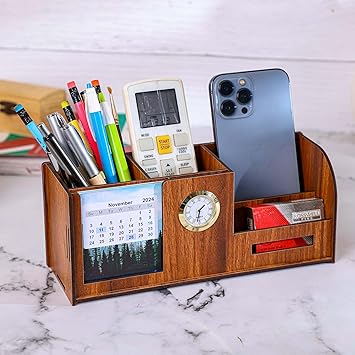 Deskart Desk Organizer With Calender, Clock, Business Visiting Card And Mobile Holder|Multipurpose Wooden Pen And Pencil Holder Stand For Office&Study Table, Desk Supplies Organisers,Brown - image, photos