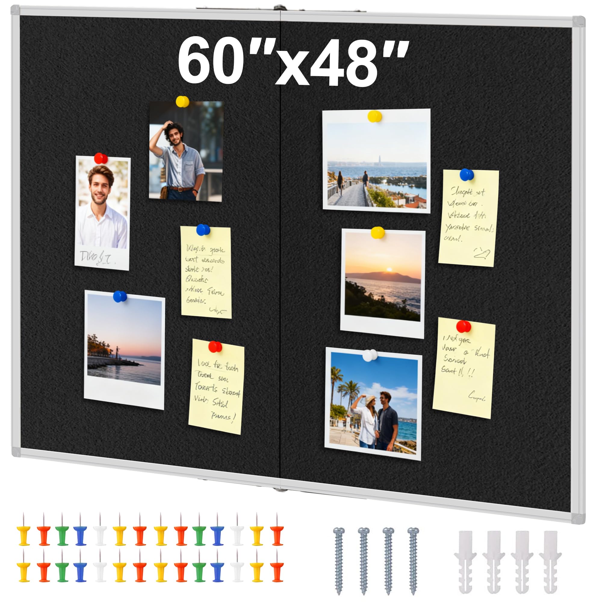 Large Cork Bulletin Board, 48 X 36 in Foldable Silver Aluminium Frame Noticeboard for Wall, 4'x 3' Large Wall Mounted Memo Notice Pin Board with 28