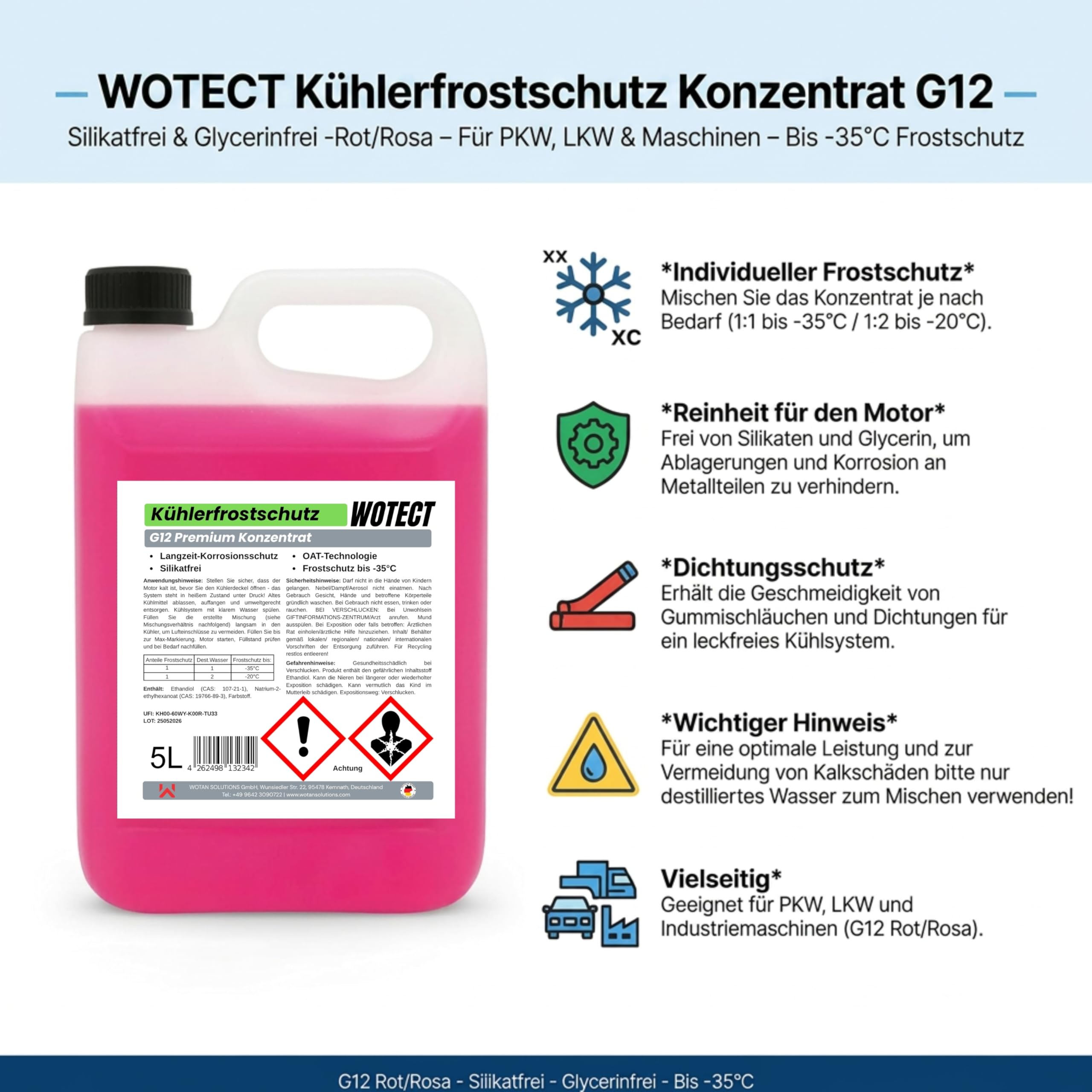 WOTECT 20L Kühlerfrostschutz Konzentrat G12 – Silikatfrei & Glycerinfrei – Rot/Rosa – Für PKW, LKW & Maschinen – Bis -35°C Frostschutz