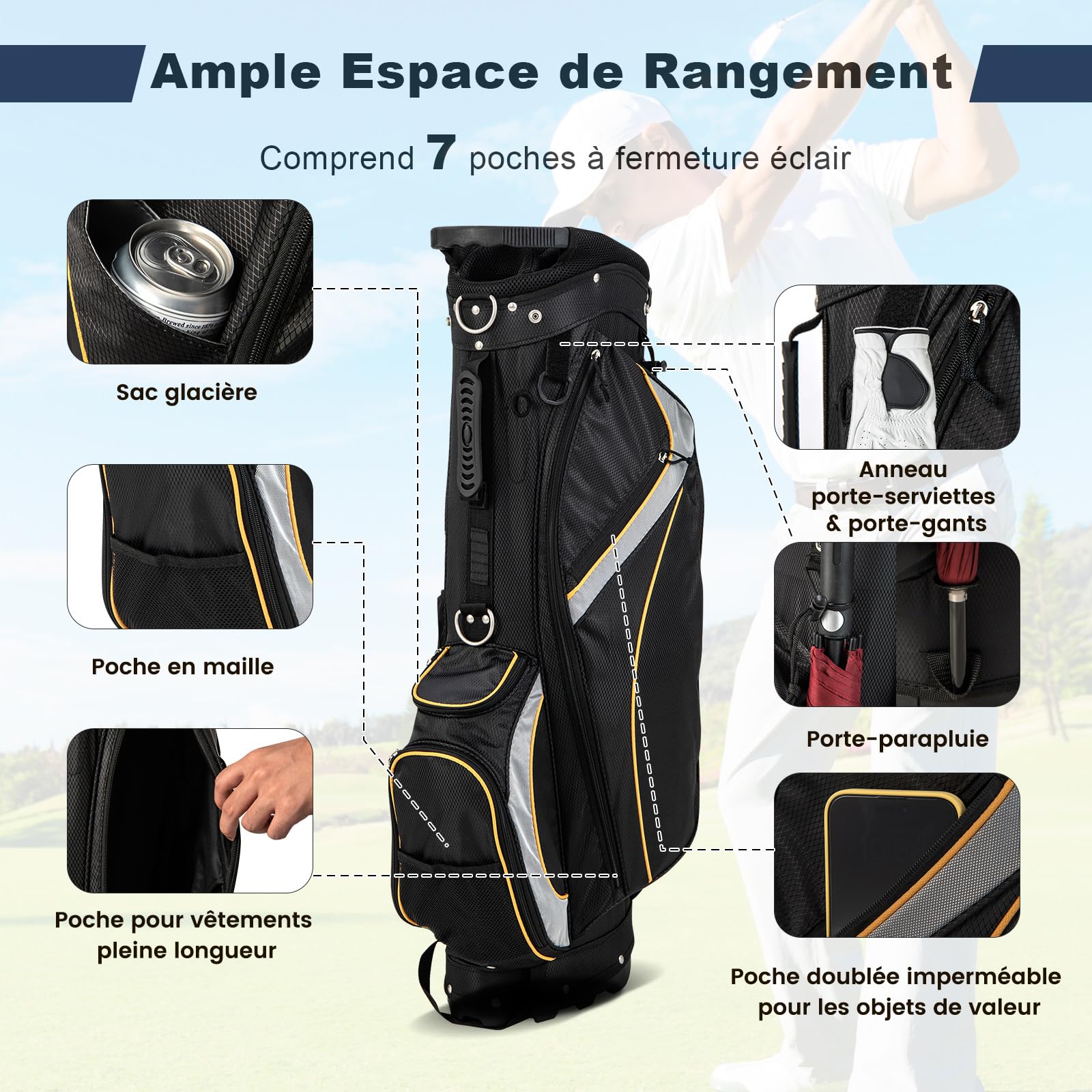 COSTWAY Sac de Golf Trépied à 8 Voies, Sac de Transport pour Golf avec 7 Poches Zippées Sac Isotherme Cappuccio Antipioggia Double Sangle Manici de Transport, pour Club de Golf Vacances
