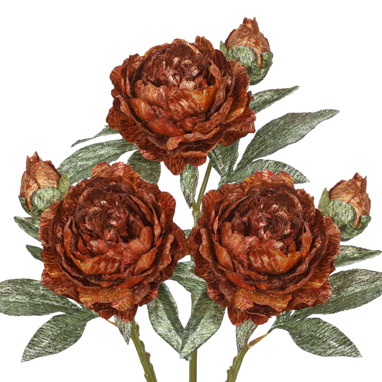 Hollyone 5" Glittery Artificial Peony Stems, 3PCS Large Christmas Flowers with Buds for Tree Decorations, Cocoa Brown Floral Decor, Silk Flowers for Home, Living Room, Garland, Xmas Wreath