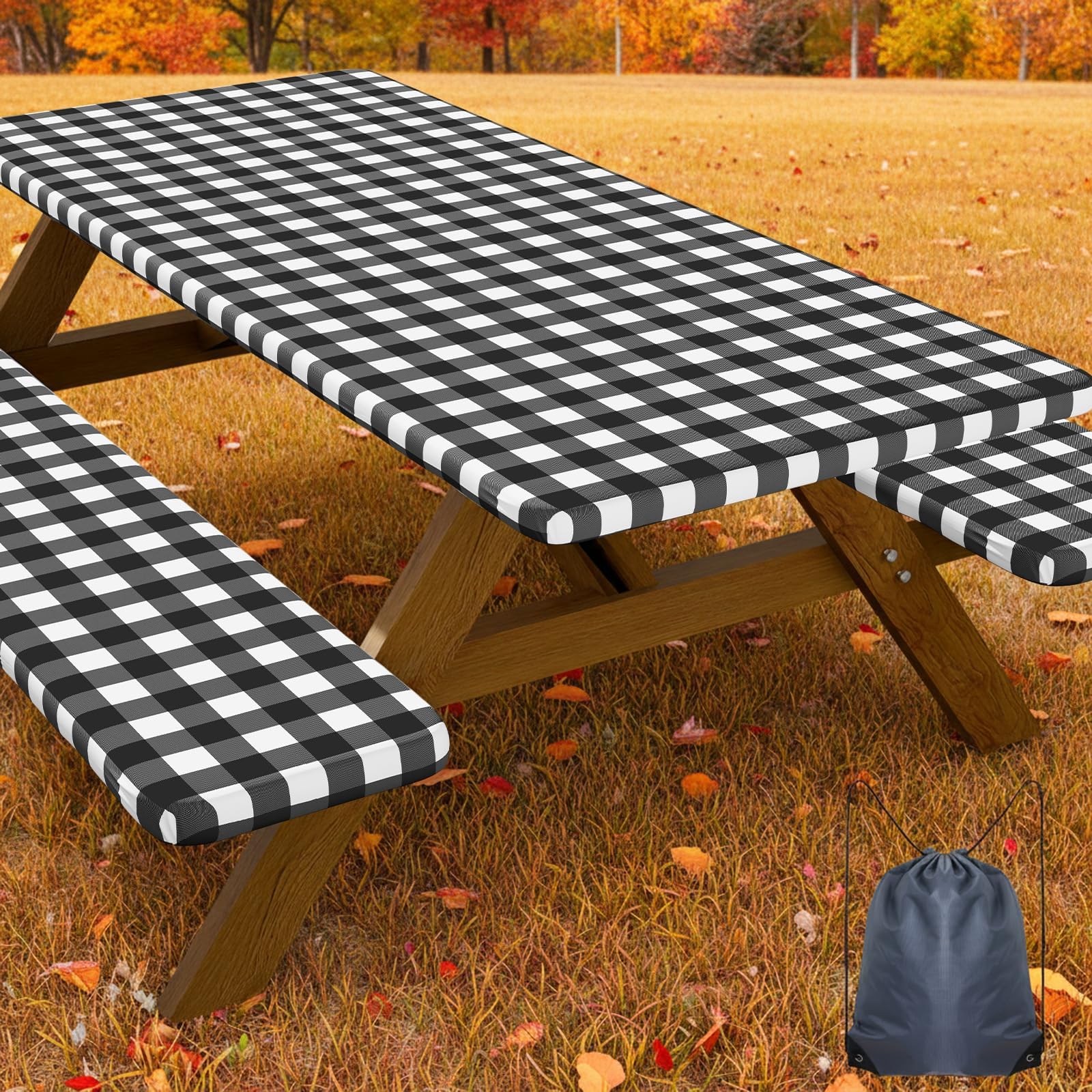 Smiry 6FT Picnic Table Cover with Bench Covers, Elastic Fitted Tablecloth