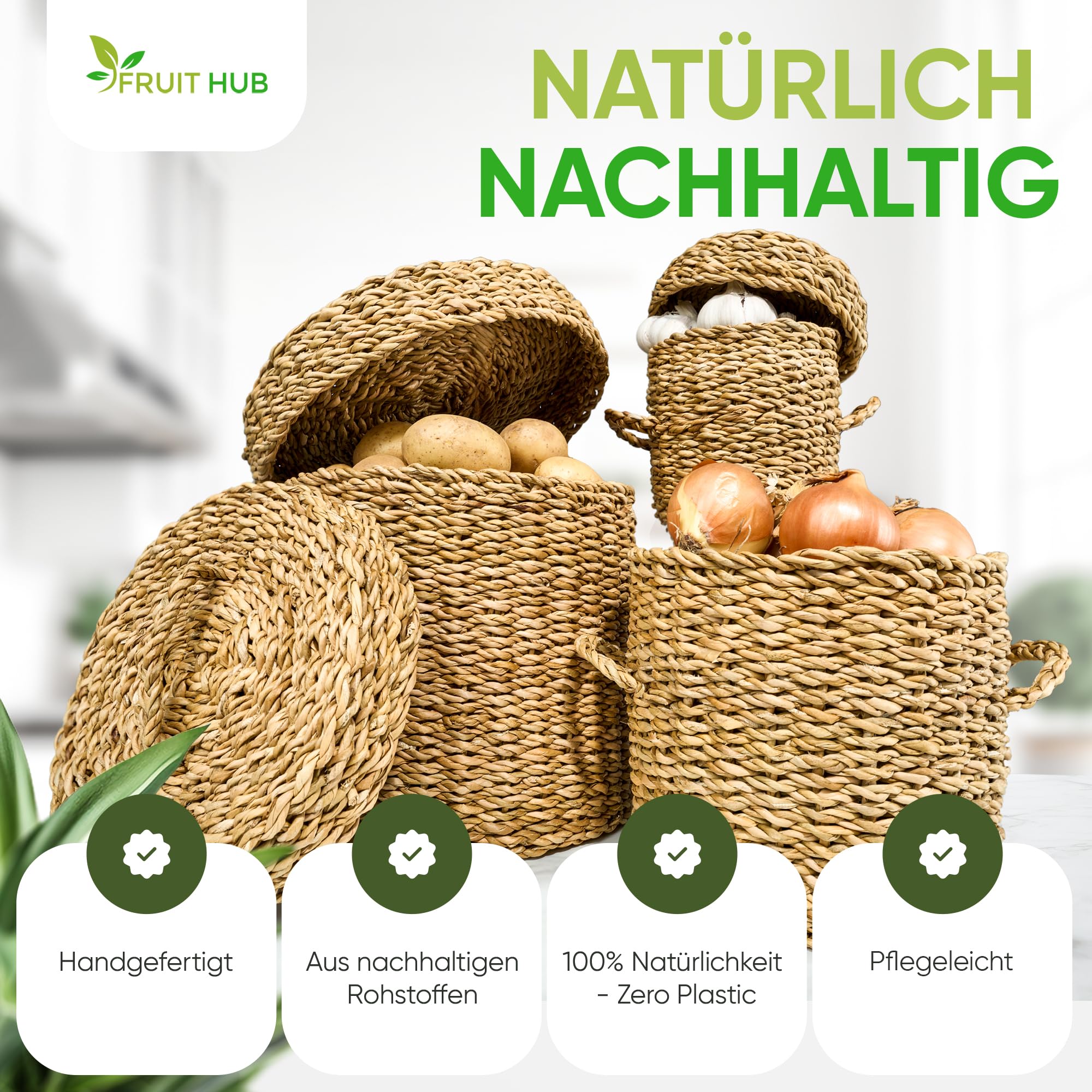 Kartoffel Aufbewahrung 3er Set aus Seegras - Zwiebel & Knoblauch Aufbewahrung - Nachhaltiger Gemüsekorb für Küche & Vorratsraum - Handgefertigt & Plastikfrei