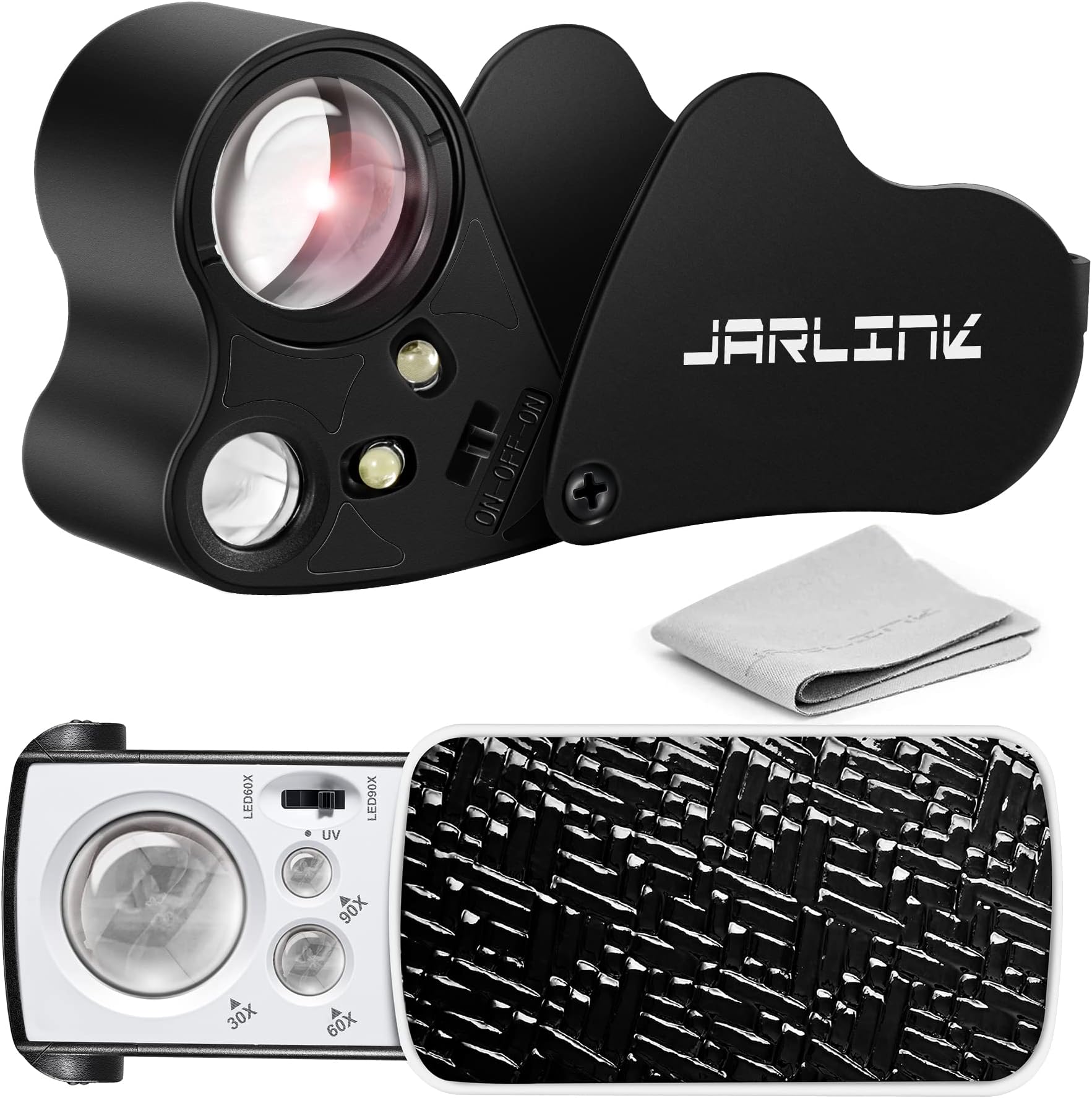 - JARLINK 2 Pack Jewelers Loupe, 30X 60X 90X Illuminated Jewelers Eye Magnifier and Magnifying Glass Loop with UV Black Light and Bright LED Light for Gems, Jewelry, Diamond, Coins, Stamps (Black)