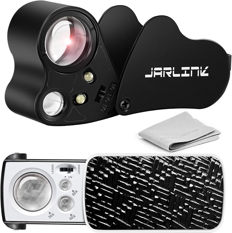 JARLINK Paquete de 2 lupas de joyero iluminadas 30X 60X 90X | Lupa plegable con luz LED y UV, para identificación de gemas, diamantes, monedas y sellos