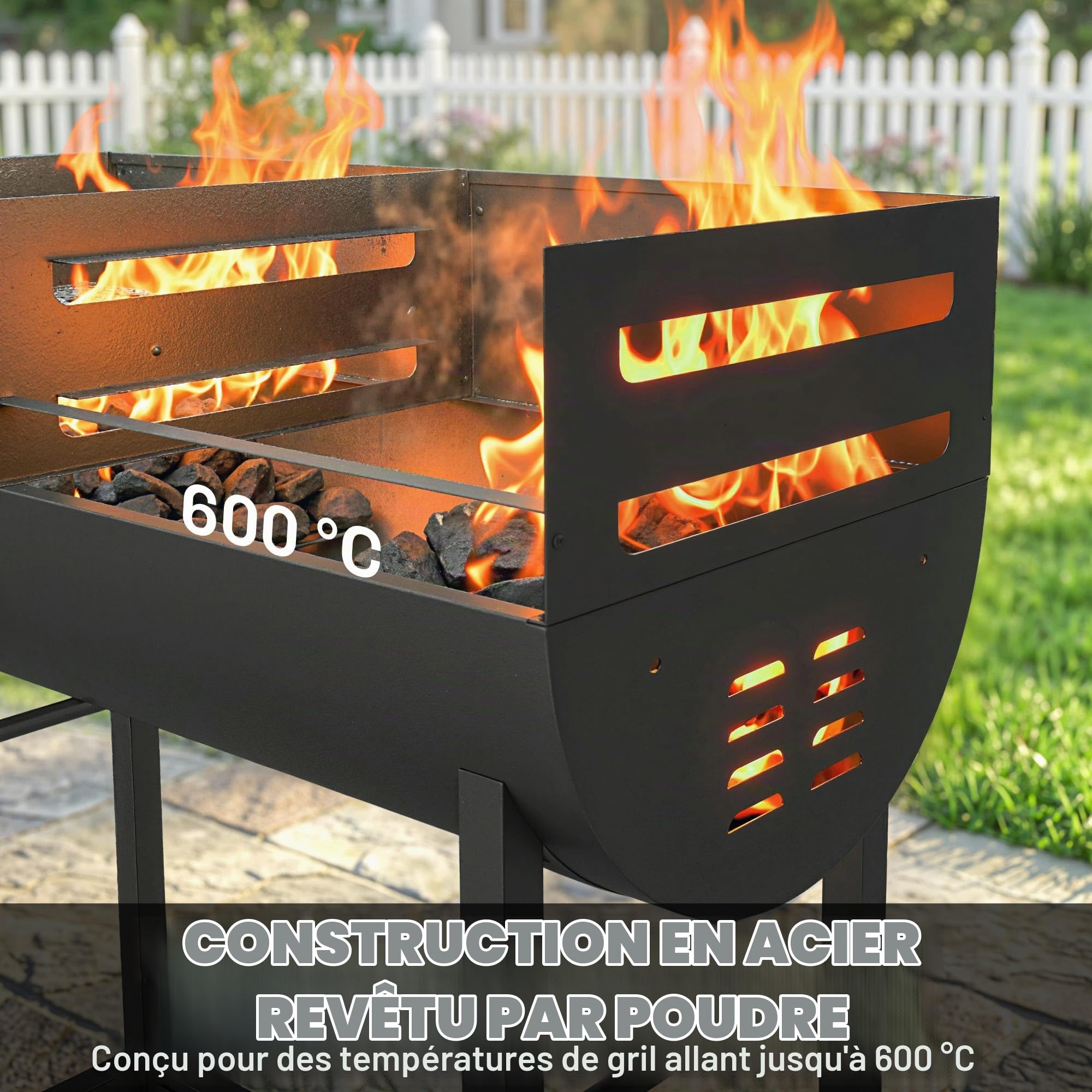 Outsunny Barbecue à charbon de bois avec chariot de barbecue à 2 zones de cuisson, grille réglable en hauteur, étagère en bois, roues, poignée latérale, barbecue à charbon de bois portable pour