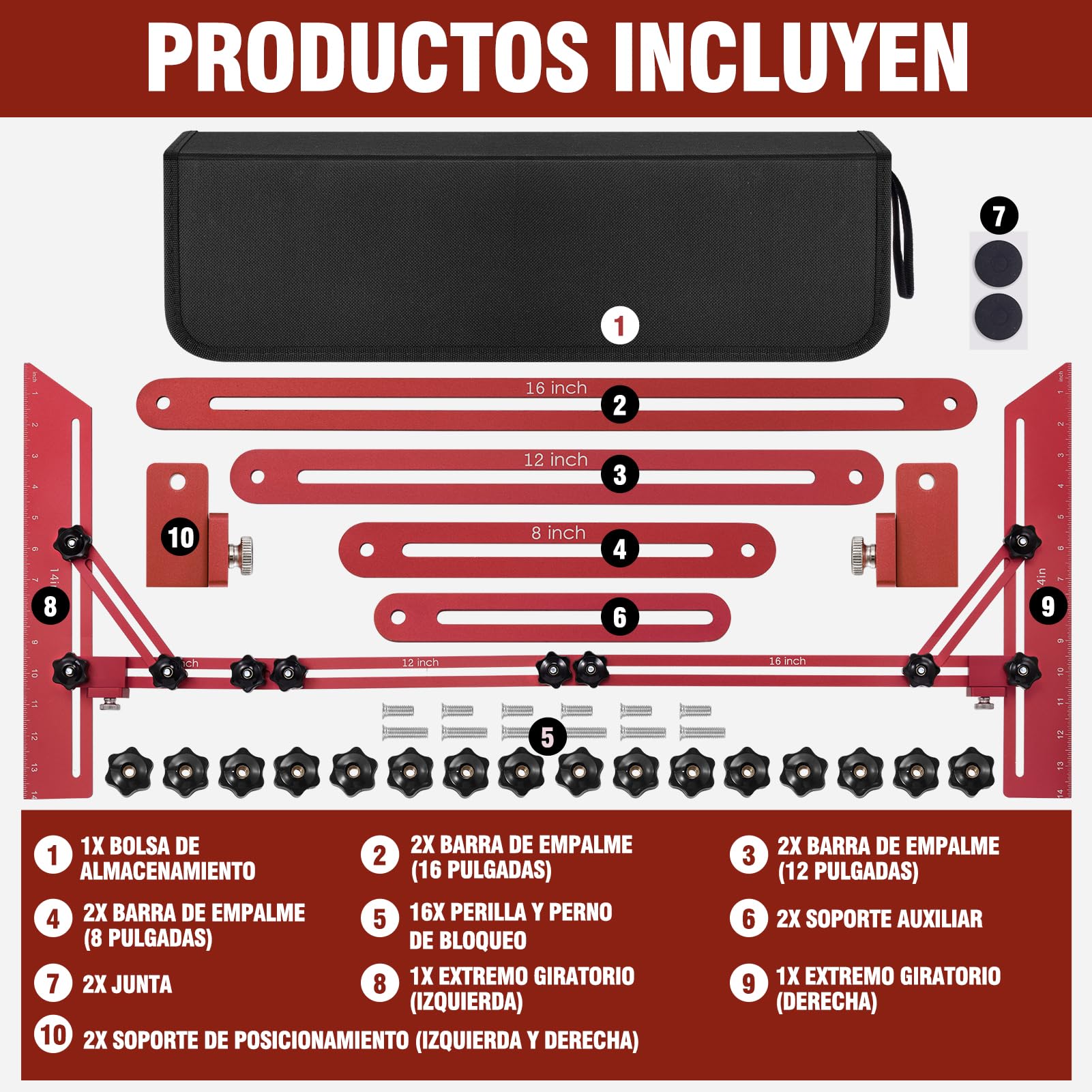 Herramienta de Plantilla para Peldaños de Escalera, Herramientas Medición Escaleras con Barras Soporte Auxiliares y Bolsas Almacenamiento, para Soporte Escaleras Tabiques (Ajustable 10,5 a 60,5 In)