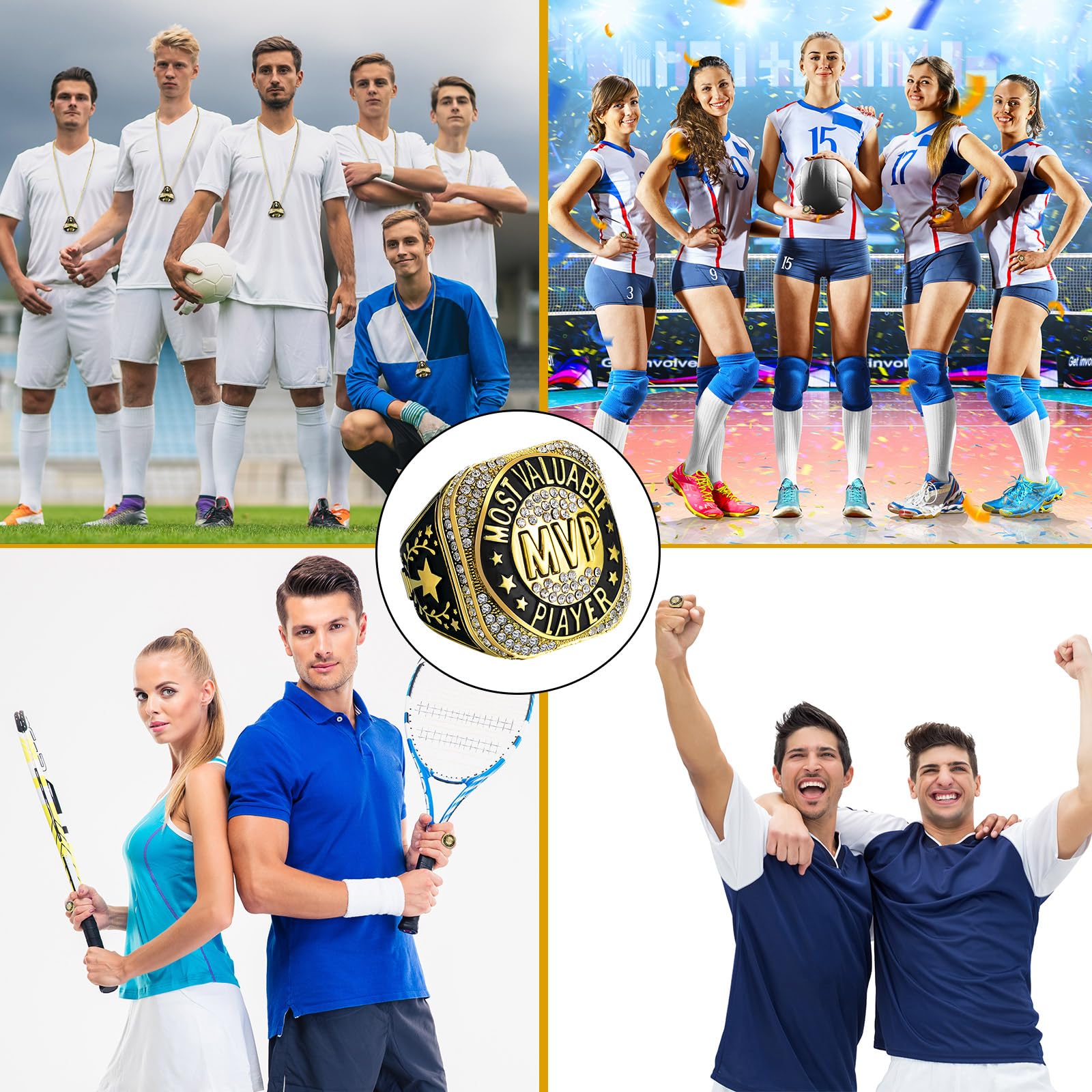 Highergo 10pcs Softball Soccer Baseball MVP Championship Trophy Ring with Display Neck Chain and Stand Basketball Cheerleading Bowling Football Volleyball Track Field for Award Gift