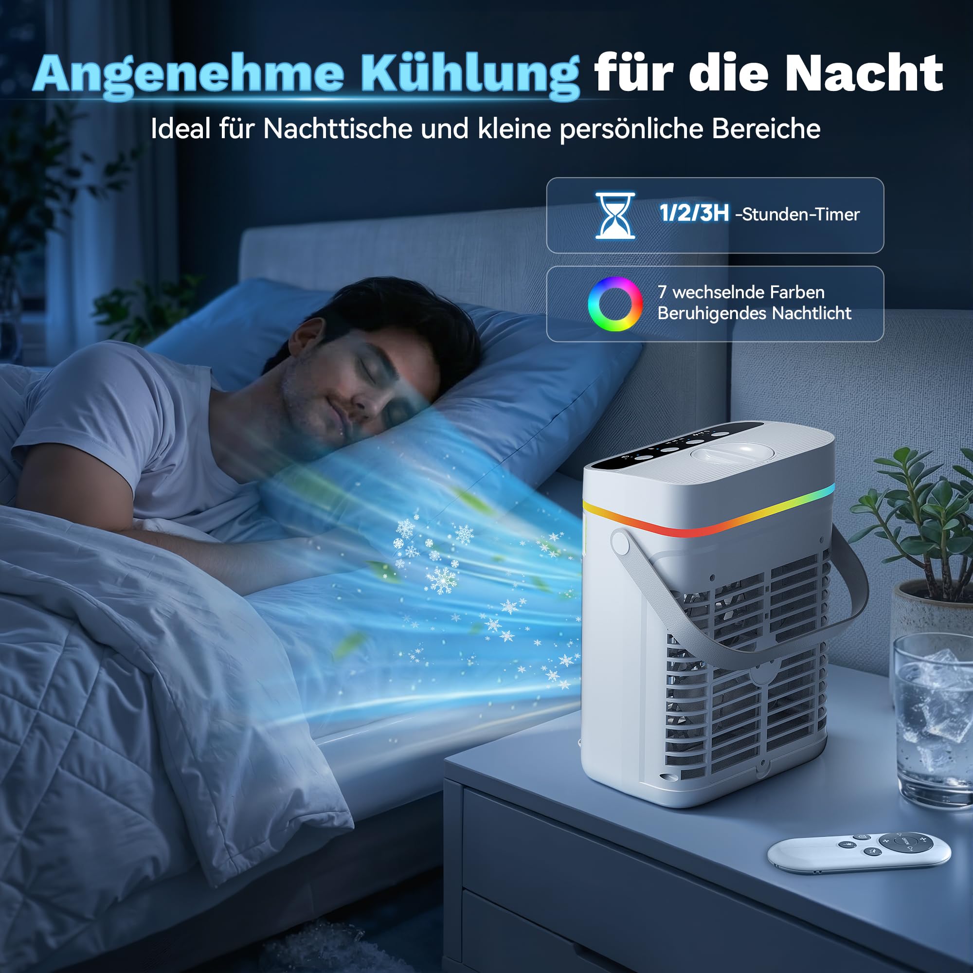 Mobile Klimaanlage 1250 ML, 4 In1 Mini Klimaanlage für Zimmer, Tragbare Mobile Klimagerät mit 1-3 H Timer, 7 Farben, 3 Geschwindigkeiten & 3 Nebelmodi, Leise Mini Luftkühler für Zuhause Büro Reisen