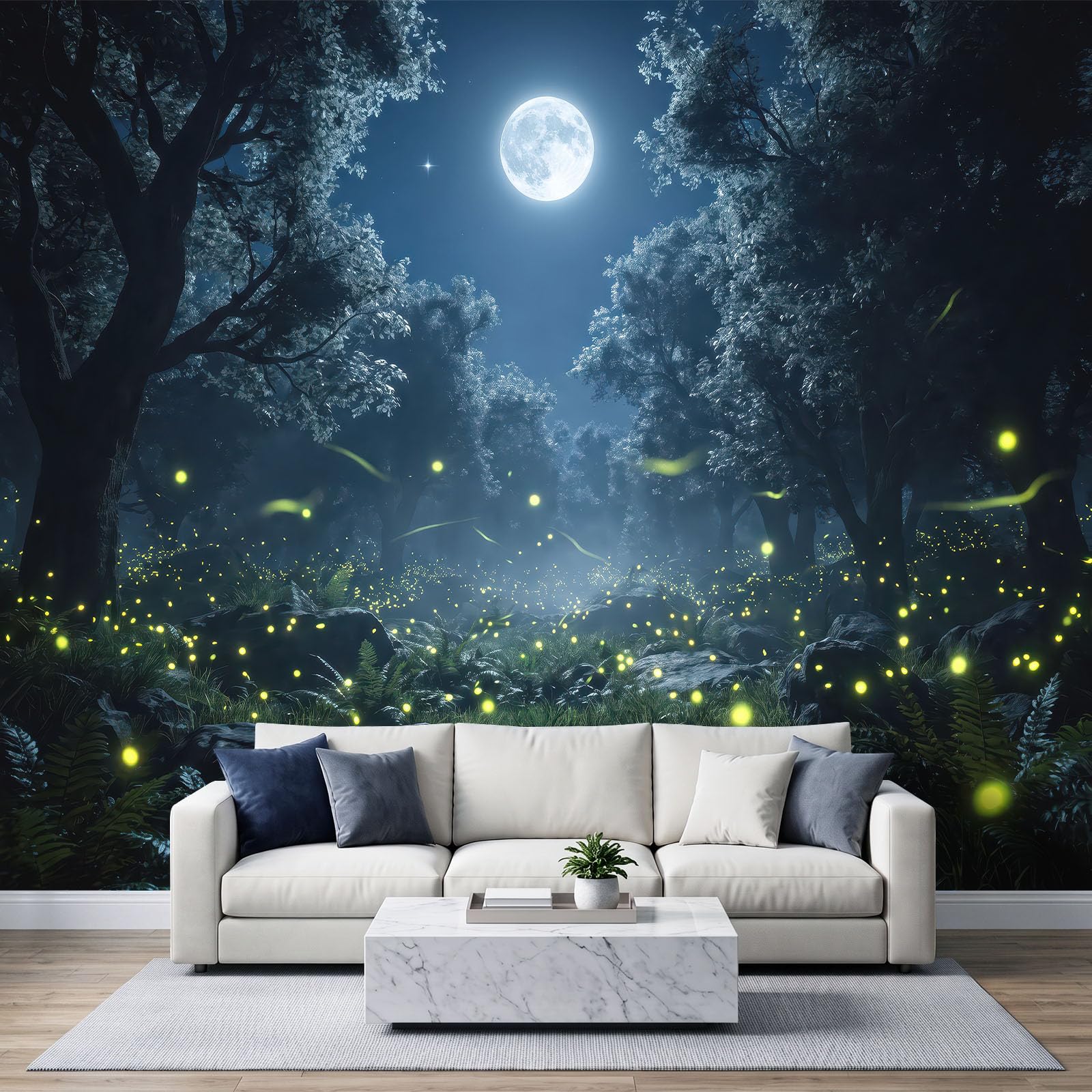 Fantasy bajkowy las mural ścienny 200 x 140 cm, księżyc świetliki pokój dziecięcy plakat mural, HD druk 3D włóknina fototapeta, nowoczesny salon sypialnia tło TV dekoracja ścienna