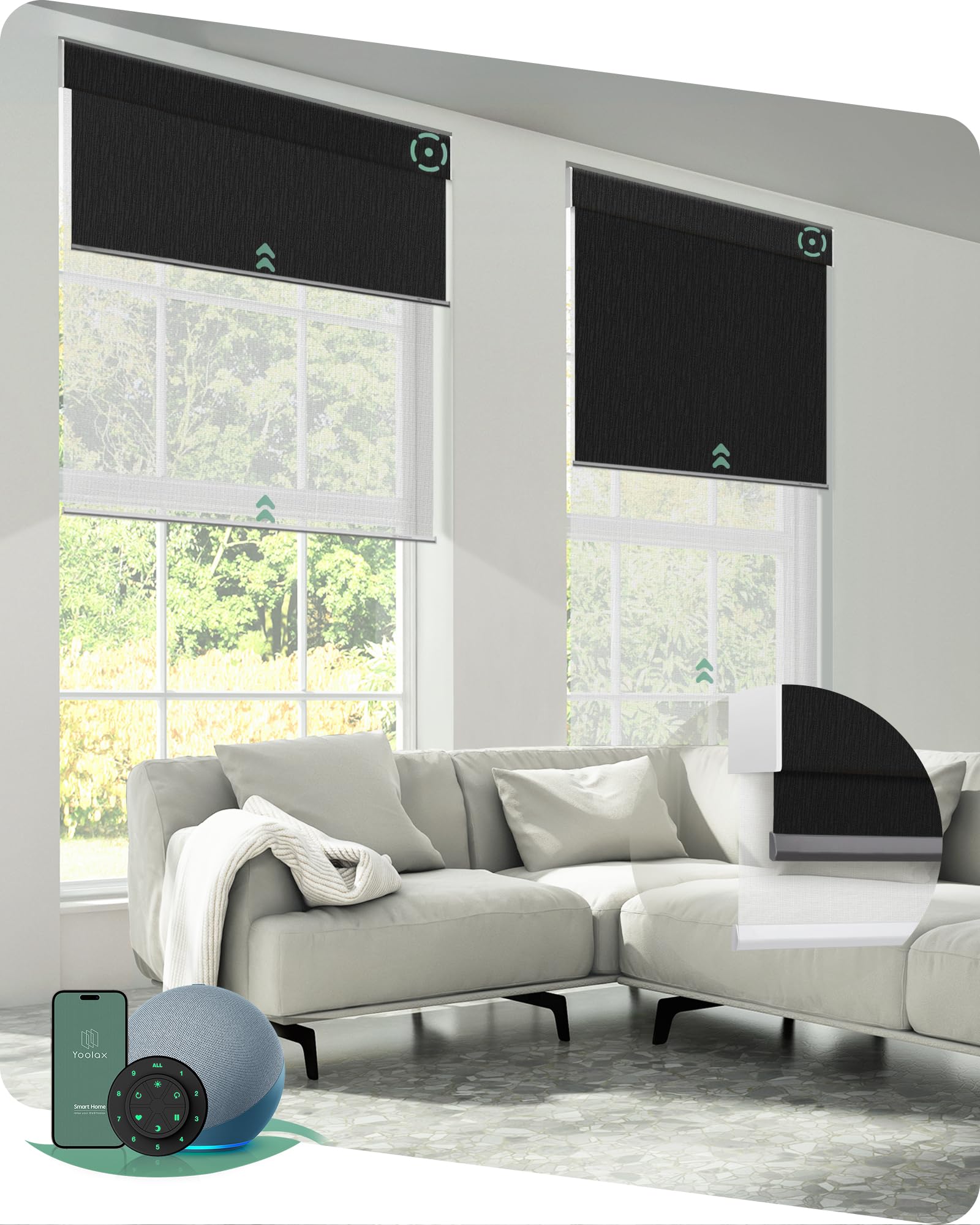 Blackout, Light Filtering, Works with Alexa, Google Assistant, Automatic Dual Blinds for Bedroom, Living Room, Home Office Yoolax Smart Dual Roller Shades, Motorized Blinds with Remote, Custom Size