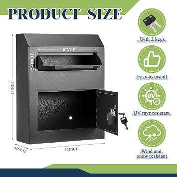 Yaocom Key Lock Mailboxes for Outside Locking Wall Mount Mailbox Security Key Drop Collection Boxes for Home Business Rent Payments, Mail, Keys, Cash, Checks 15 x 12 x 4 Inches(Black)