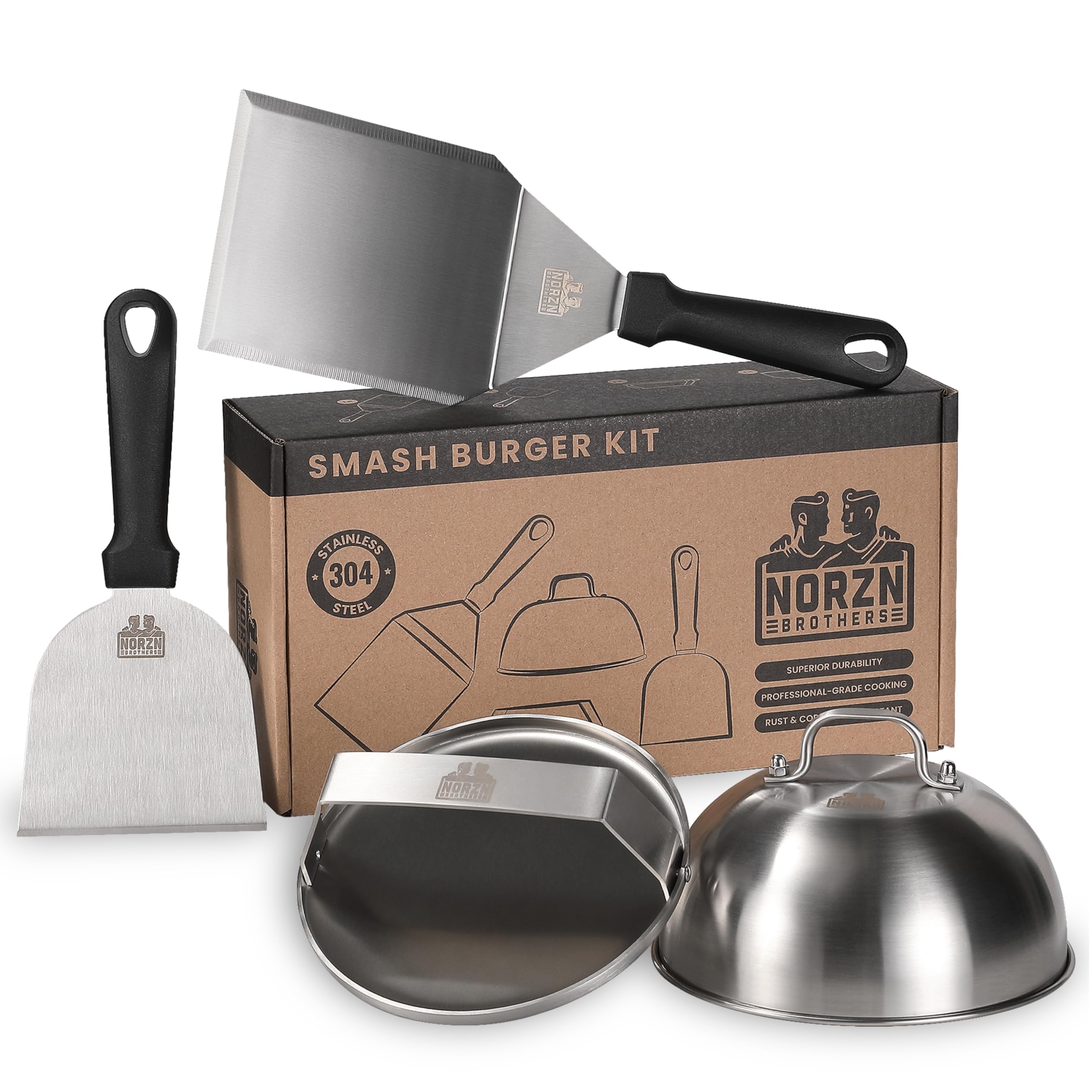 Smash Burger Kit – Smash Burger Press incl. BBQ Spatula, Griddle Scraper, Metal Cloche, Grill Press Burger Smasher Press Stainless Steel 304, Food-grade material, 10-Year Warranty