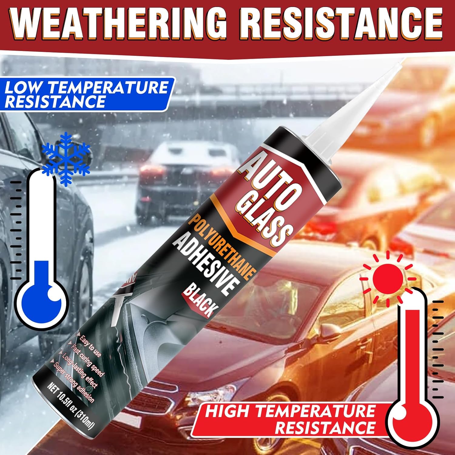 Polyurethane Windshield Sealant, Black Windshield Adhesive - High Viscosity, Fast Curing for Car Windshield/Back Glass Installation & Repair with Gloves, Applicator Tip (310ml*2)