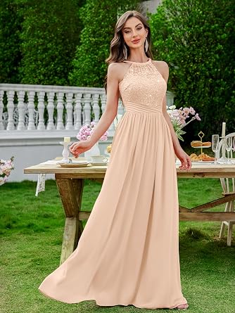 Miusol Women's Sequin Lace Halter Tie Formal Evening Maxi Dress | Sleeveless, Tie Design, Flowy Hem, For Bridesmaid Party